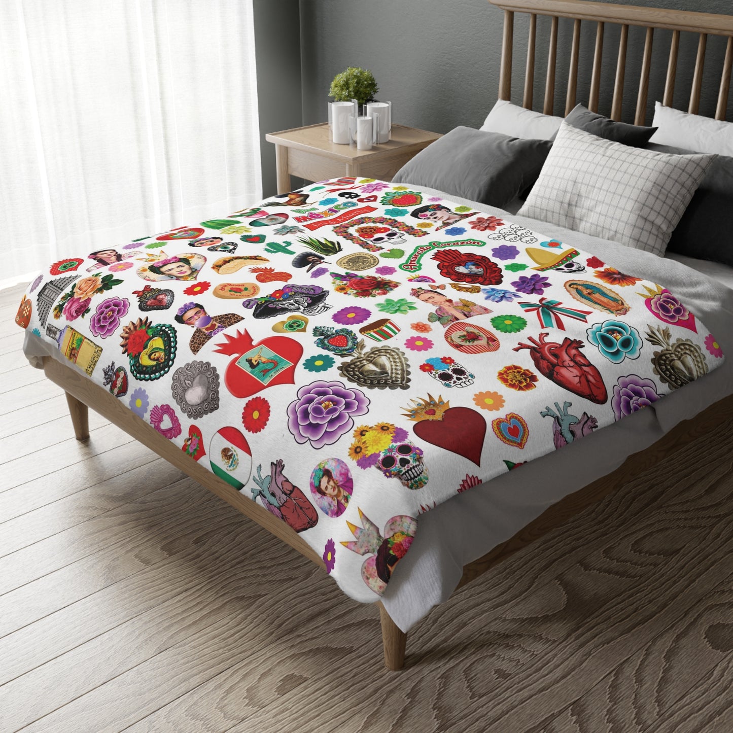 Mexican folk art with Frida Khalo, milagritos and more Mexican art. Mexican blanket 80x60β soft and printed on both sides.