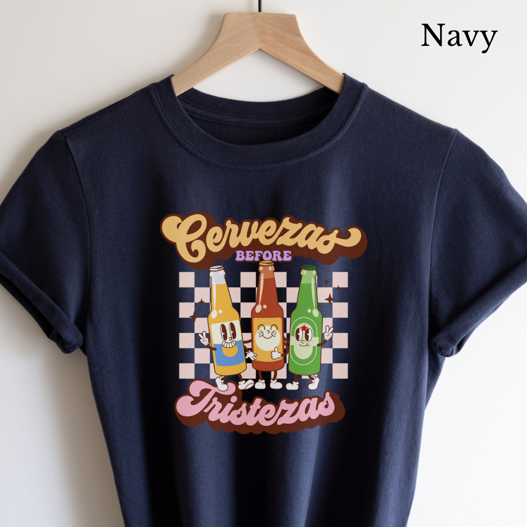 Cerveza before tristeza Unisex Heavy Cotton shirt for Mexican or borracho. Funny mexican shirt for her or him. Mexican beers. Vintage beer.