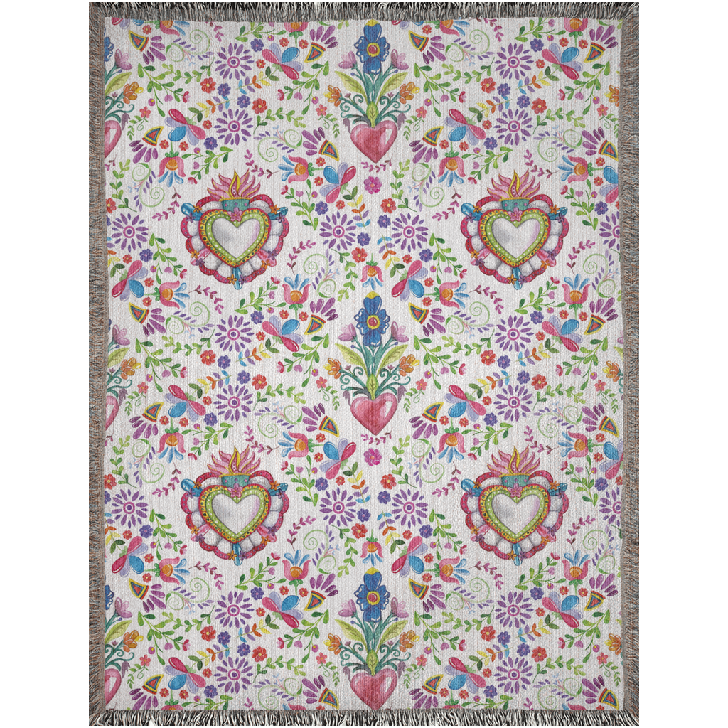 Flowers And Sacred Hearts Woven Blanket For Boho Home Decor Or Mexican Decor. Mexican Folk Art For Her