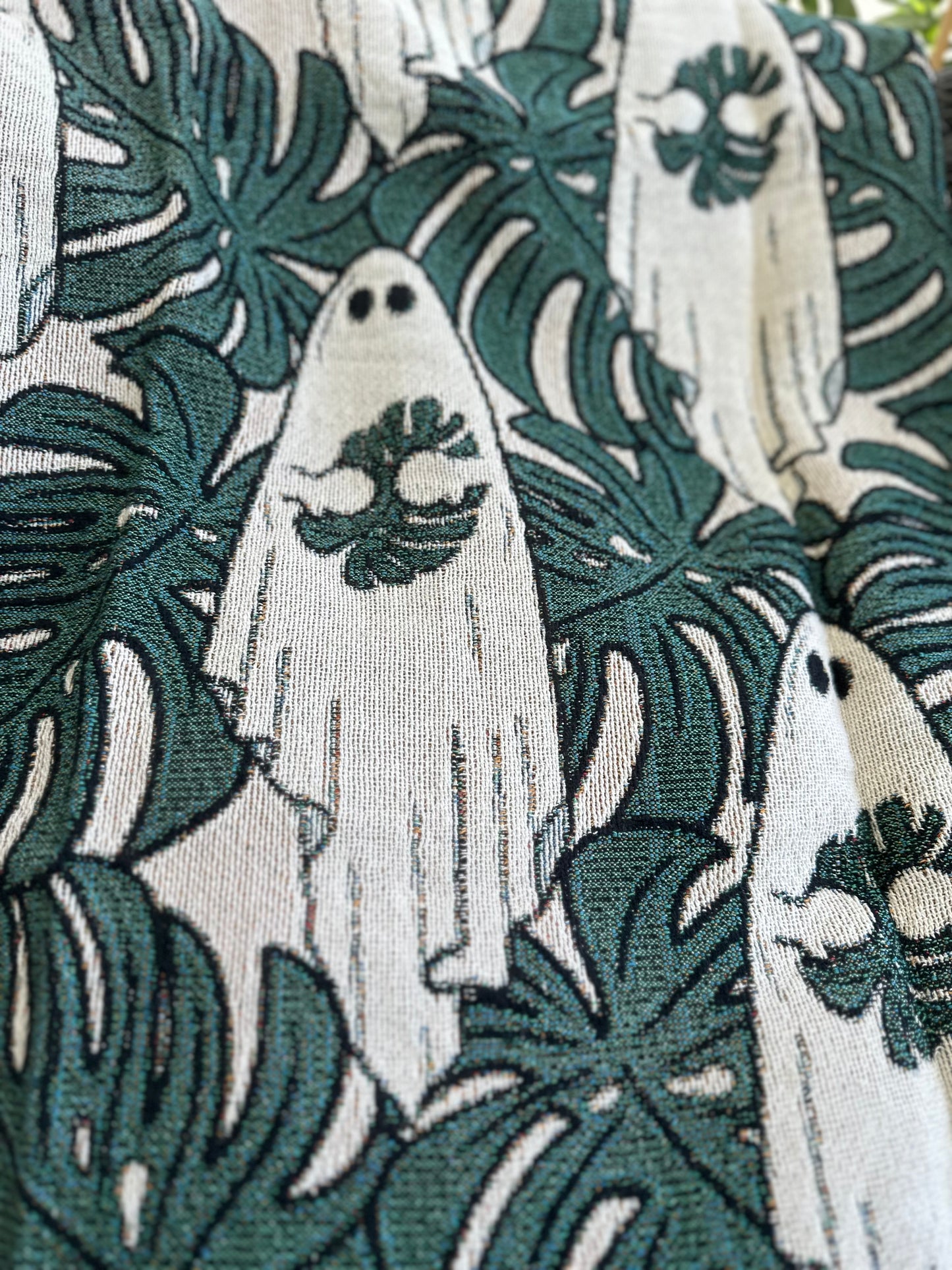 Monstera leaves and ghosts woven blanket 50x60” clearance