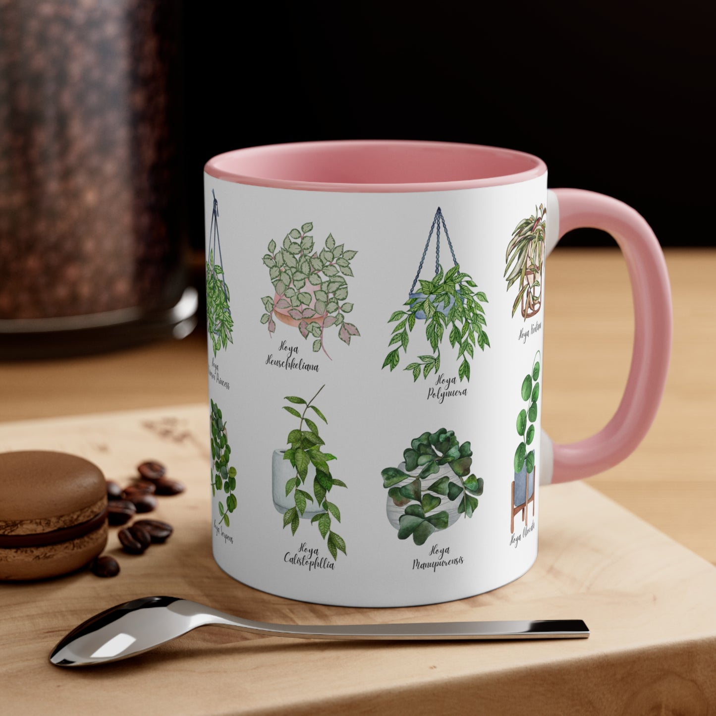 Hoya plants coffee Ceramic Mug 11oz. Plant coffee for hoya plant lover. 14 differents hoya plants illustrations on black or pink coffee mug.