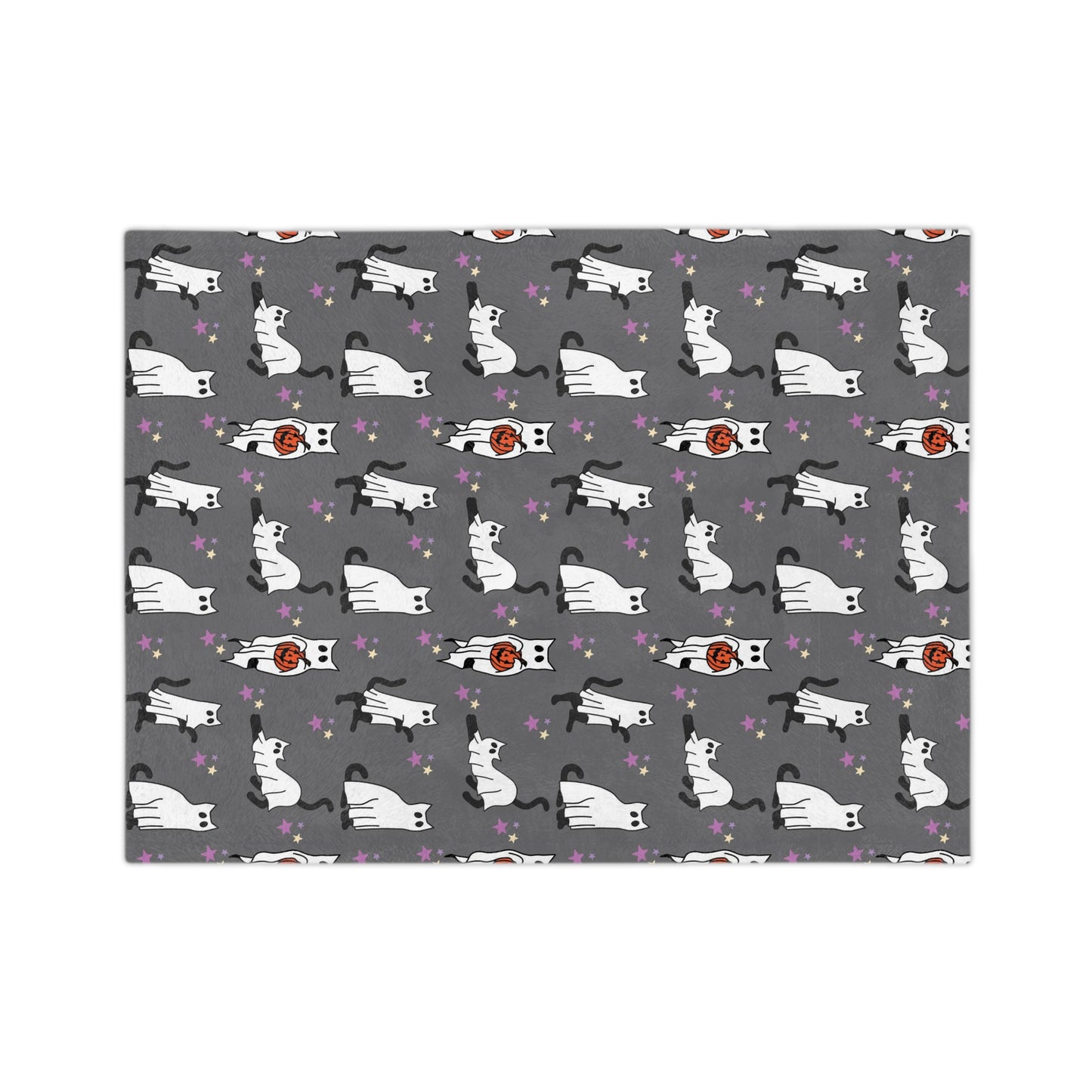Black Cat ghost Halloween Velveteen Minky Blanket. Cute black cat with Jack o lanter bucket. Halloween blanket for her or him