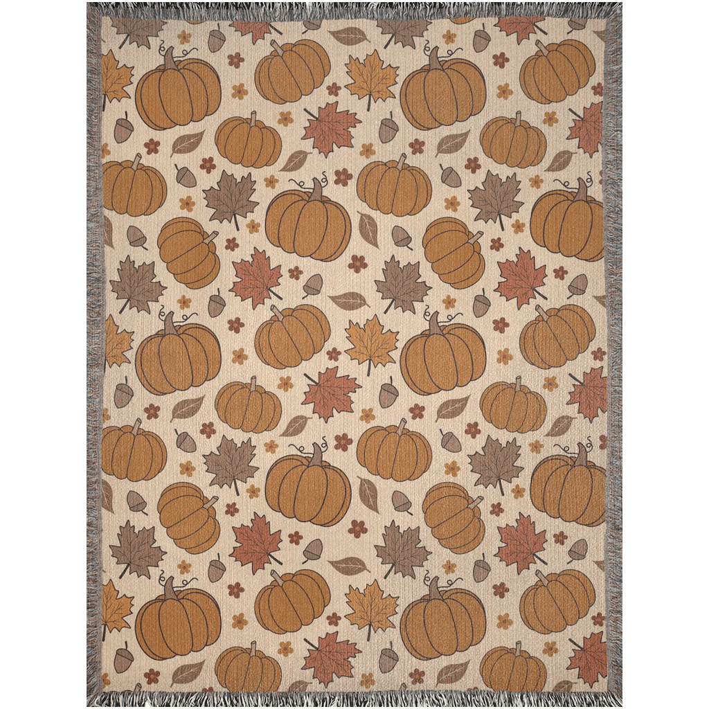 Fall Woven Blankets with pumpkin and autumn leaves.