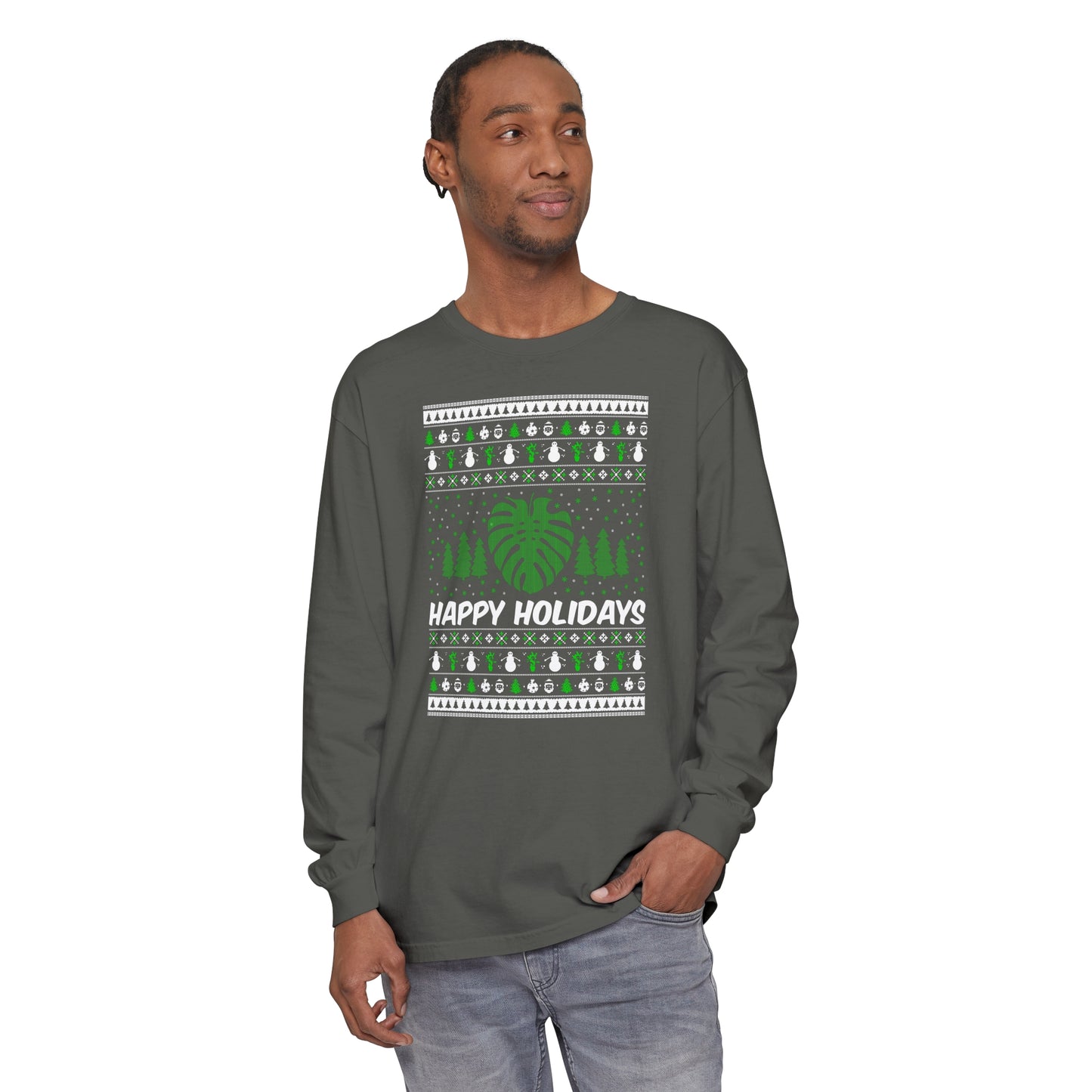Happy holidays ugly sweater Unisex Jersey Long Sleeve Tee. Christmas ugly sweater with monstera leaf and snow flakes.