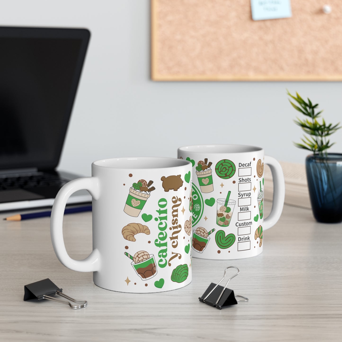 Green chismecito y cafe Ceramic Mug 11oz for comadres and best friends . Godmothers Christmas gift ideas. Navidad gift for Mexican family. Mexican coffee