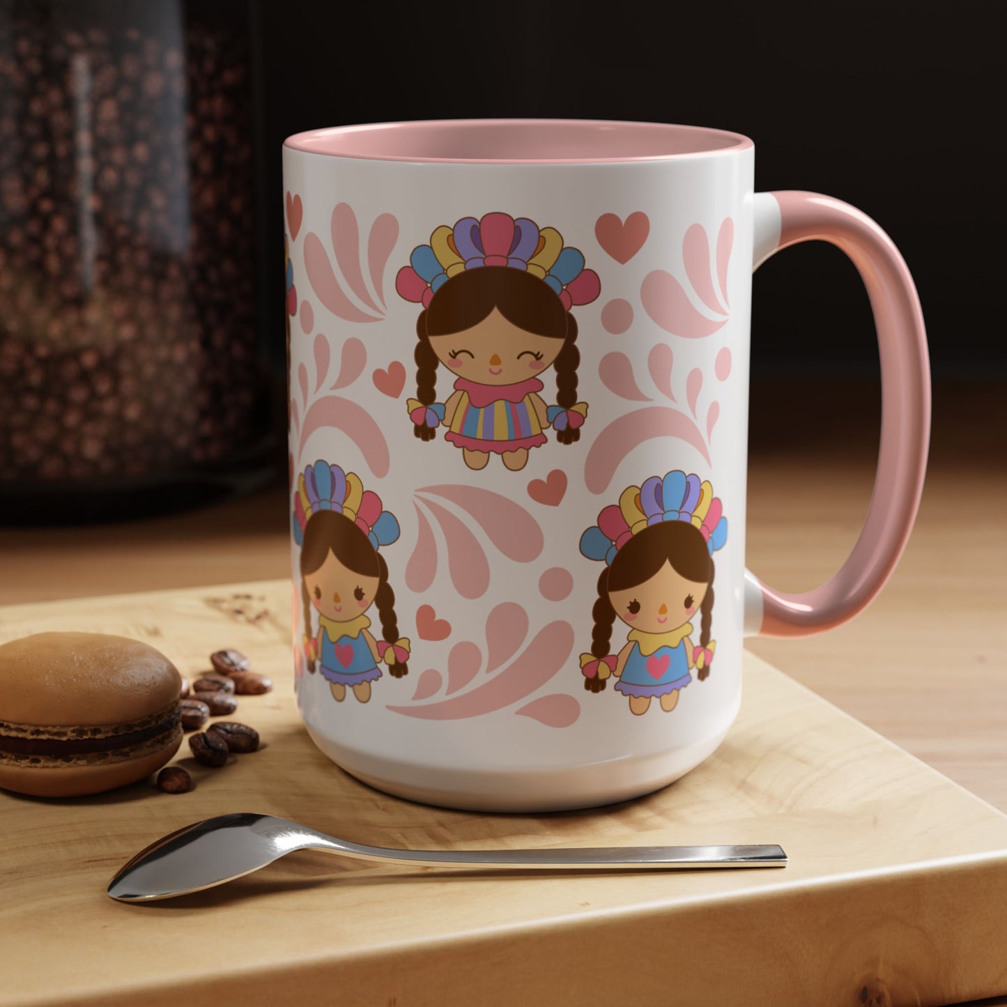 Pink Talavera and Mexican Doll coffee mug , Christmas Birthday Gift, Mexican Heritage Kitchen Decor, Microwavable Dishwasher Safe, Accent