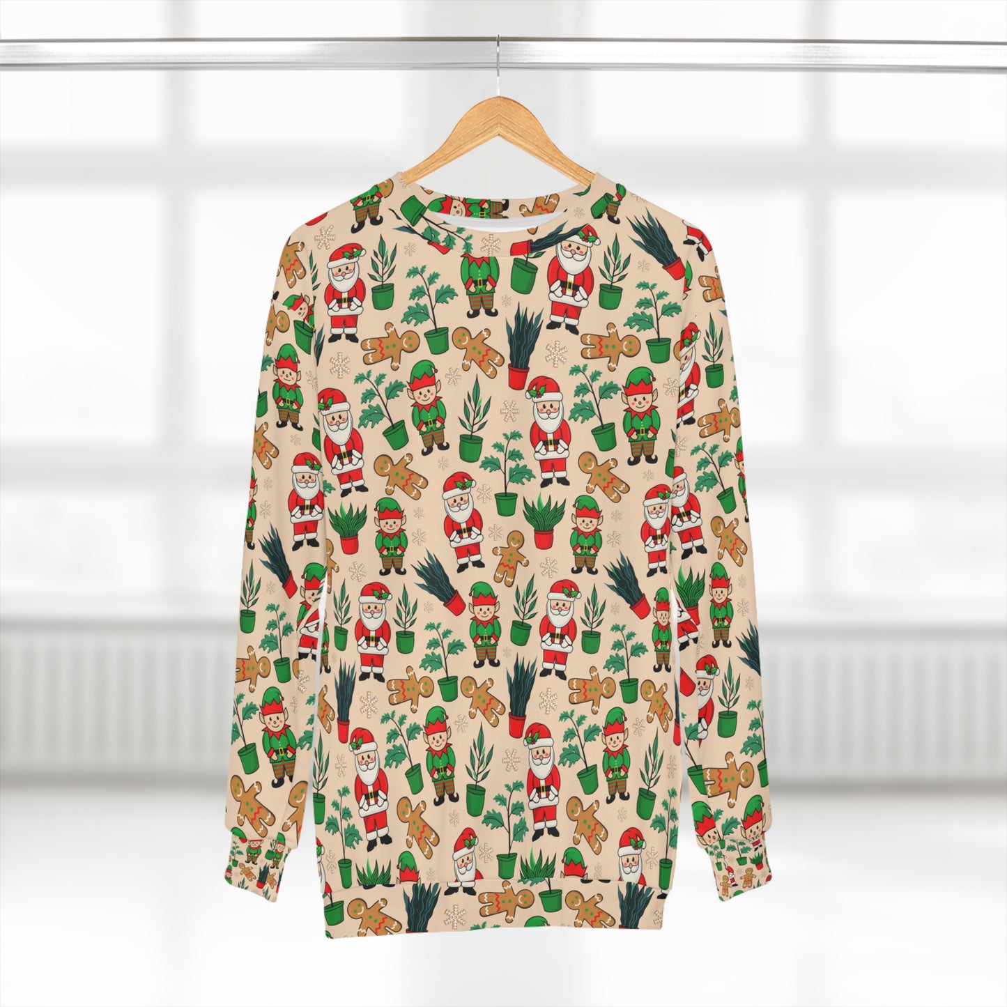 Christmas ugly sweater for plant lady or plant daddy. Unisex Sweatshirt with house plants, elf, Santa Clous and ginger bread man.