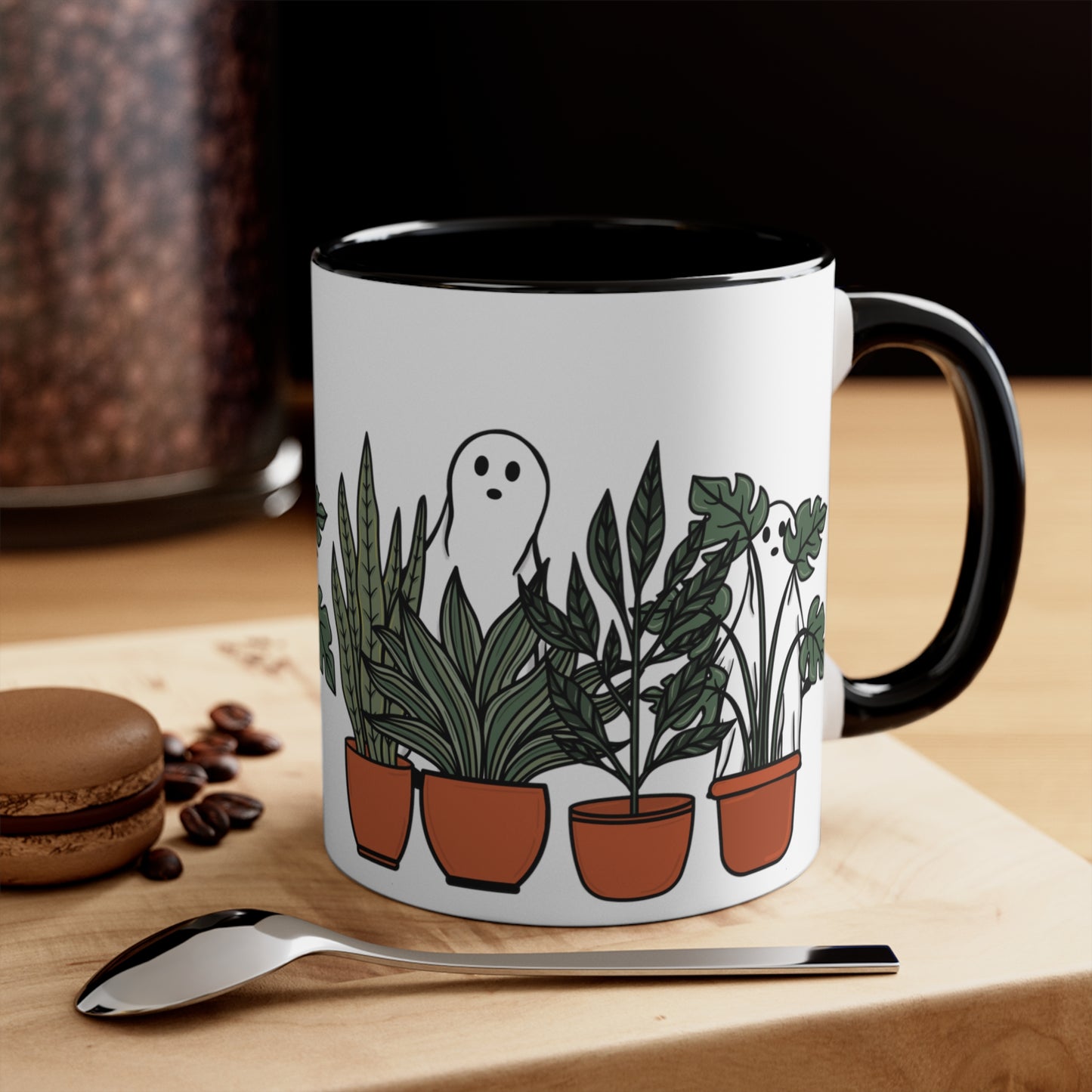 Potted plants and ghosts ceramic Coffee Mug, 11oz for him or her. Cute Halloween coffee mug with house plants for plant lady or plant daddy.