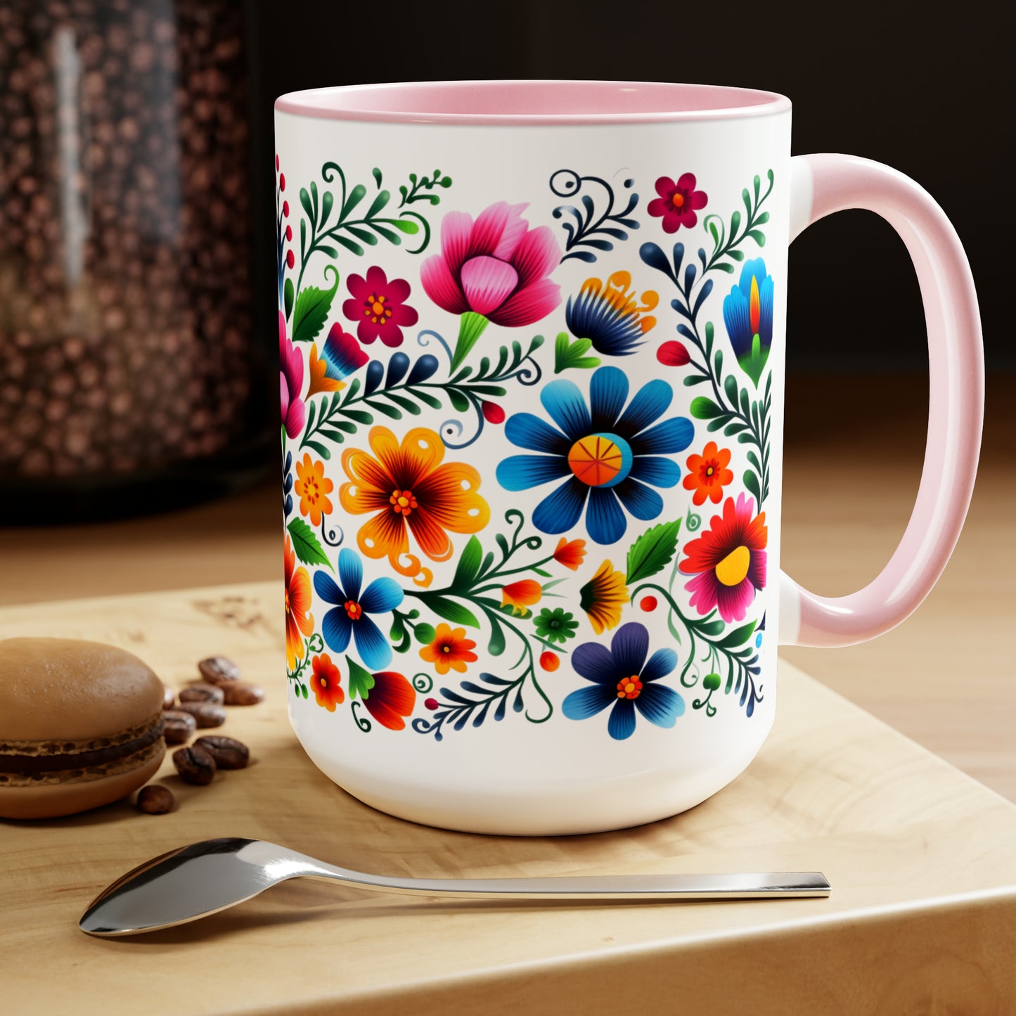 Mexican flowers Coffee Mugs, 15oz for Mexican mom, comadre or Mexican tia. Tia gift, Mothers Day gift ideas. Madrina gift. Mexican folk art