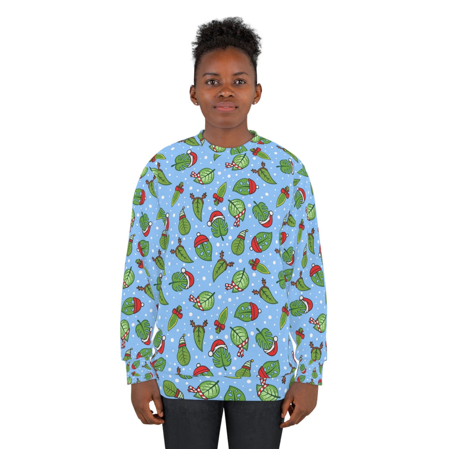 Christmas ugly sweater for plant lovers, Sweatshirt with houseplants leaves and Christmas decorations for holidays season.