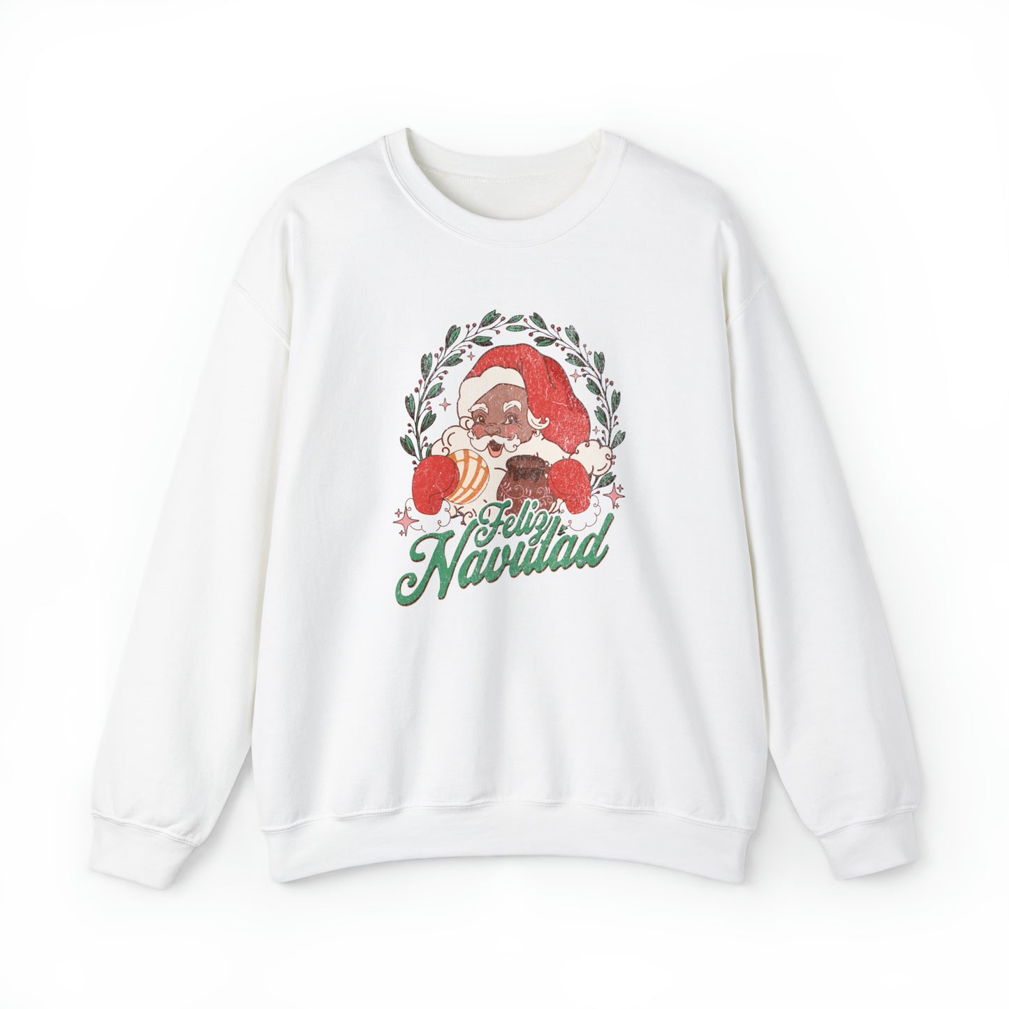 Feliz navidad Heavy Blend Crewneck Sweatshirt for him or her. Santa Claus eating concha and drinking cafecito.