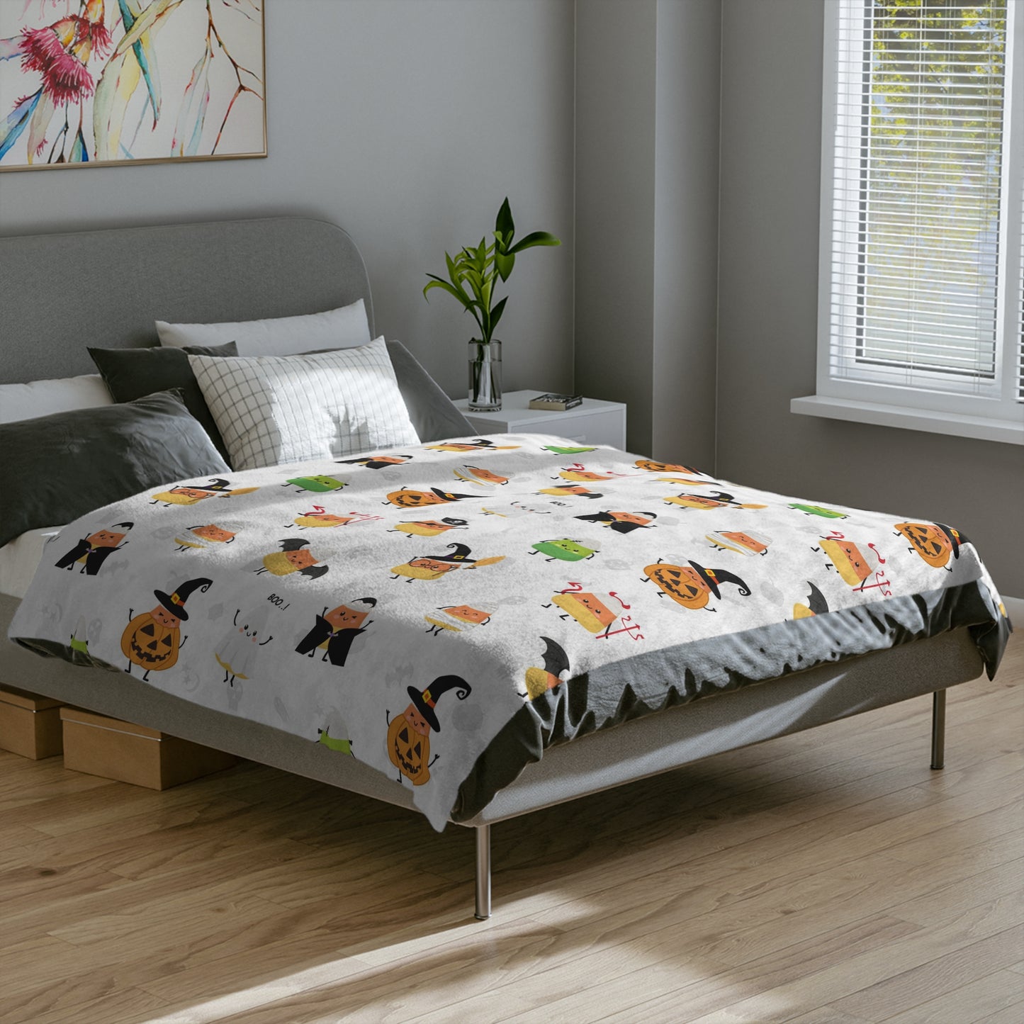 Halloween Blanket with candy corn for spooky season. Candy corns with Halloween costumes for Halloween lovers