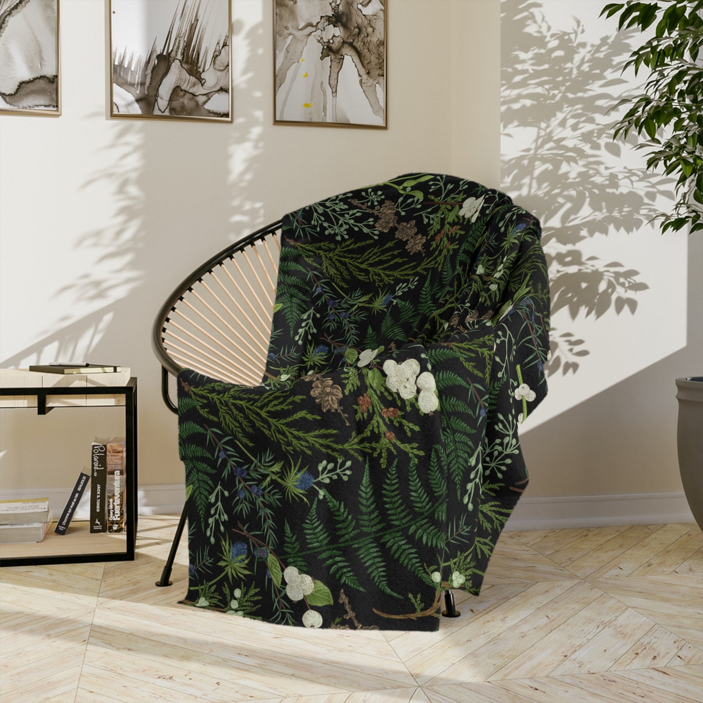 Botanical throw Blanket With plants, Fern Leaves Blanket. Green Plant Leaves with foliage and evergreen plants. Plant throw printed blanket.