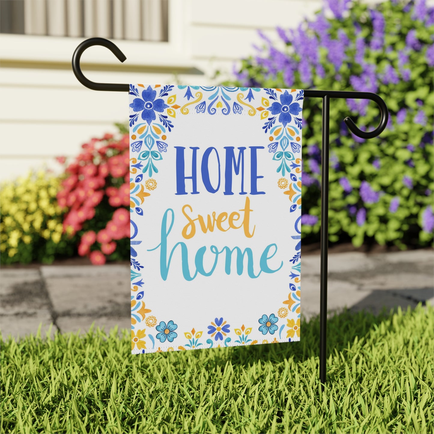 Home sweet home Garden Banner. Blue, white and yellow garden flag with mexican talavera.
