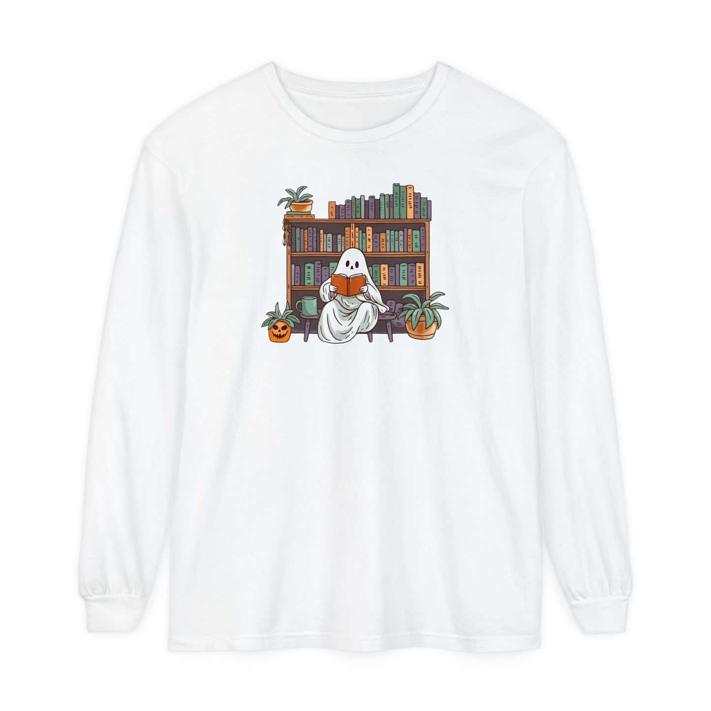 Ghost reading Unisex Long Sleeve T-Shirt for spooky season and book lover. Comfort color tee. Bookworm gift, Halloween gift