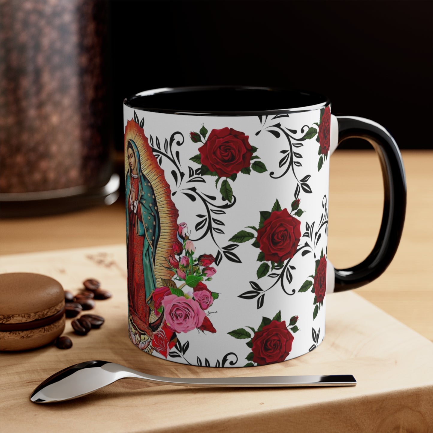 Virgen de Guadalupe Coffee Mug, 11oz. Lady guadalupe with roses and leaves.