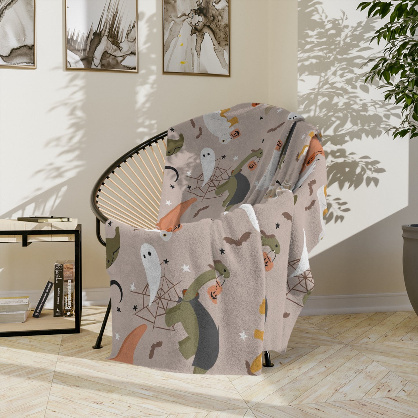 Dinosaur and halloween blanket for him or her. Dinosaur wearing costumes and doing Trick or treat.