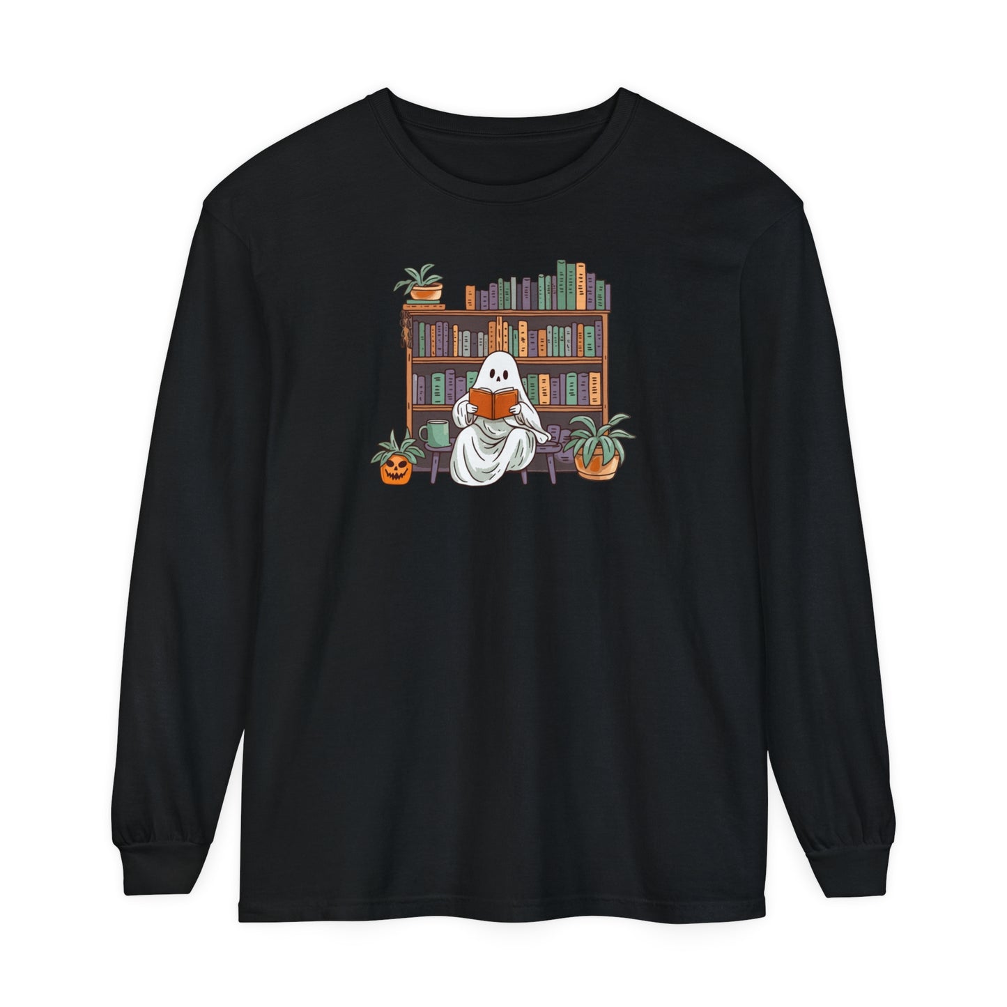 Ghost reading Unisex Long Sleeve T-Shirt for spooky season and book lover. Comfort color tee. Bookworm gift, Halloween gift