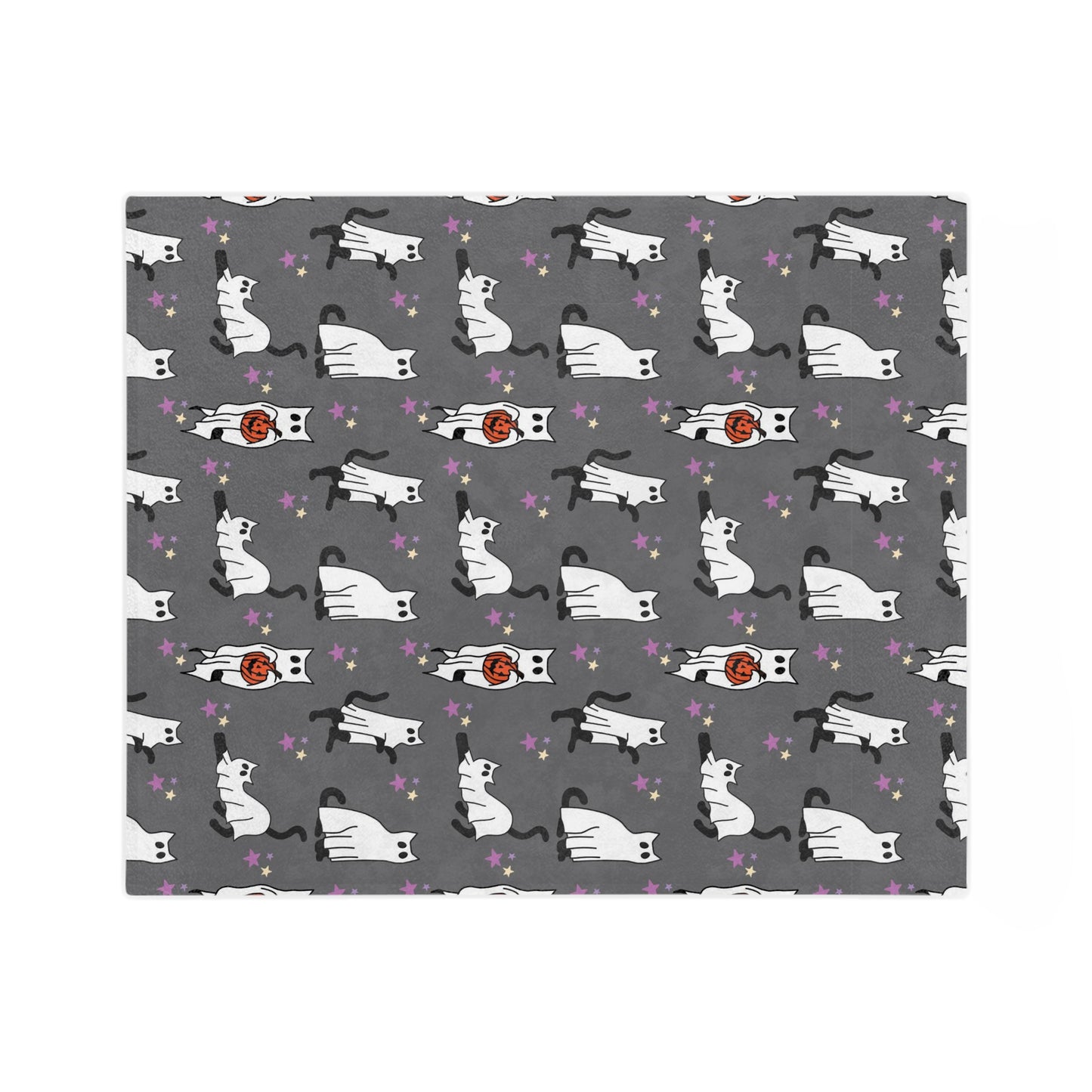 Black Cat ghost Halloween Velveteen Minky Blanket. Cute black cat with Jack o lanter bucket. Halloween blanket for her or him