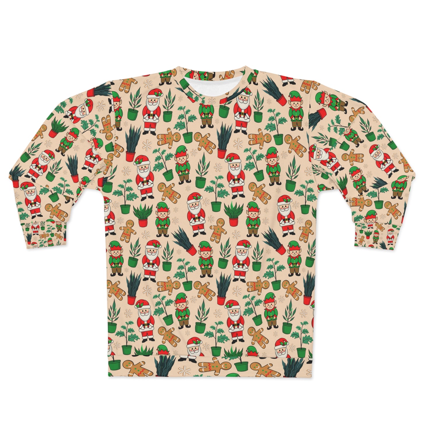 Christmas ugly sweater for plant lady or plant daddy. Unisex Sweatshirt with house plants, elf, Santa Clous and ginger bread man.