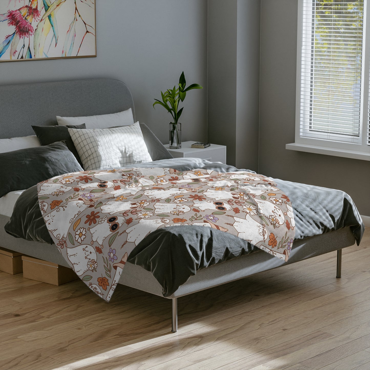 Cute ghosts with flowers Velveteen Minky Blanket for Halloween season or Halloween lovers.