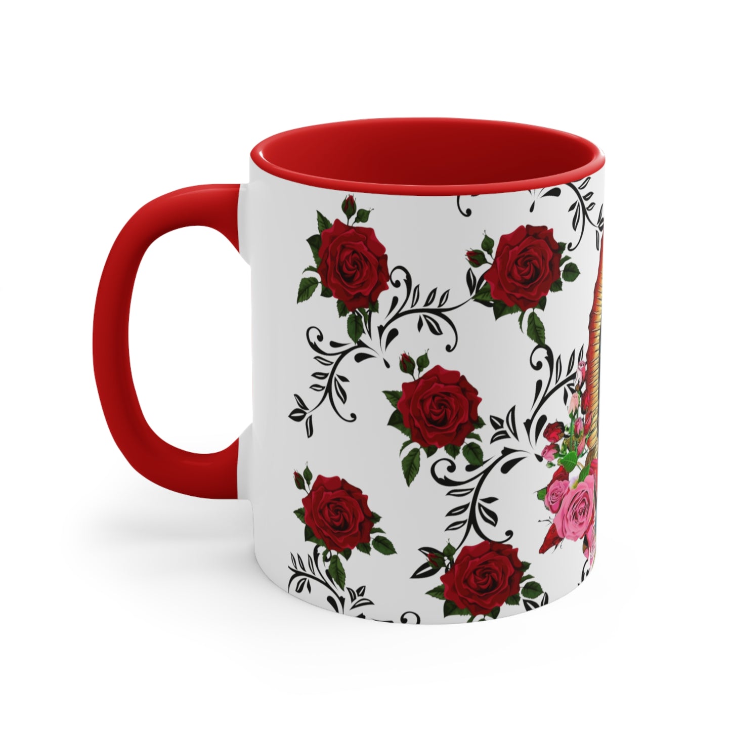 Virgen de Guadalupe Coffee Mug, 11oz. Lady guadalupe with roses and leaves.