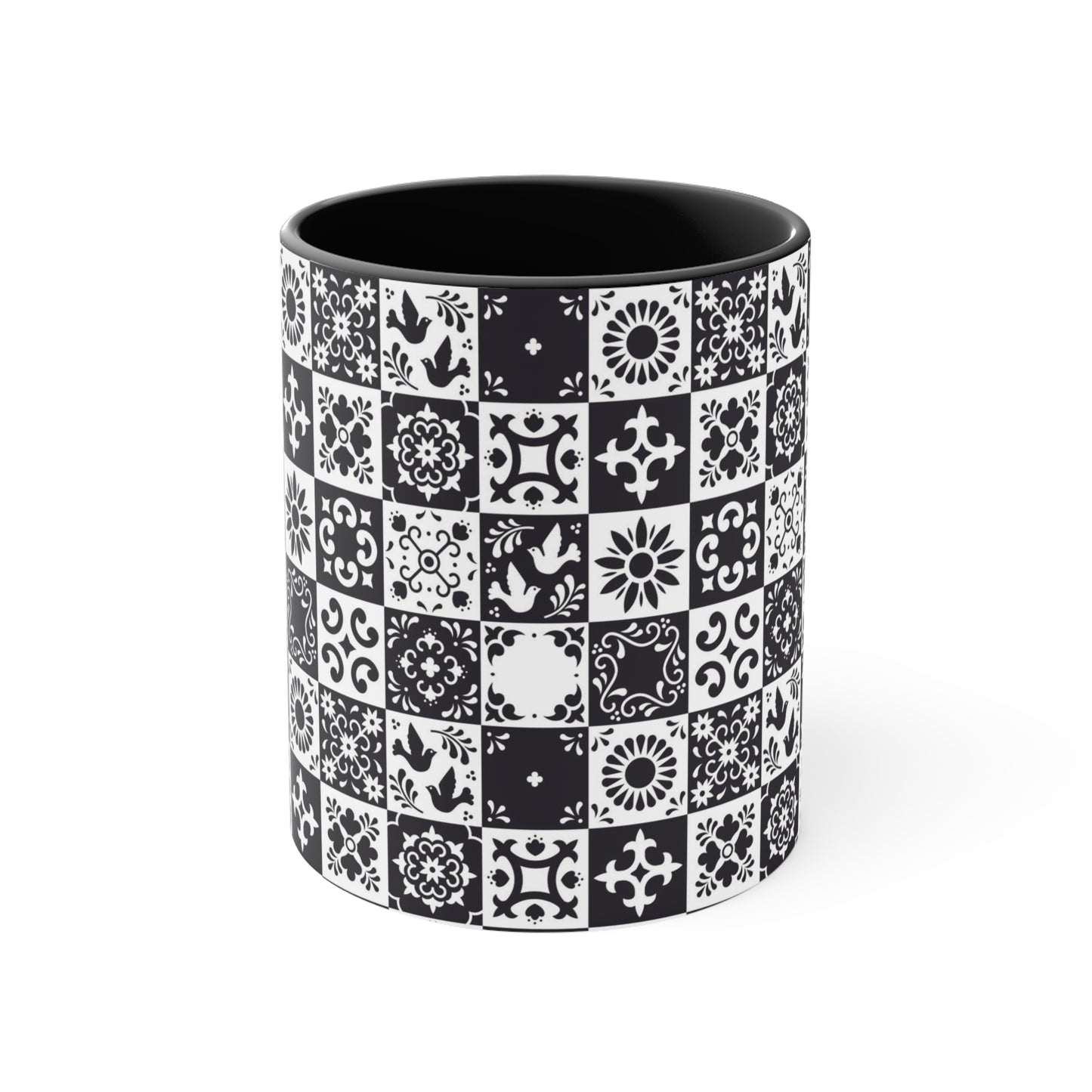 Back and white Talavera Coffee Mug, 11oz for mom or dad. Modern Mexican home decor or kitchen decor. Mexican art mug for Mexican friend or family.