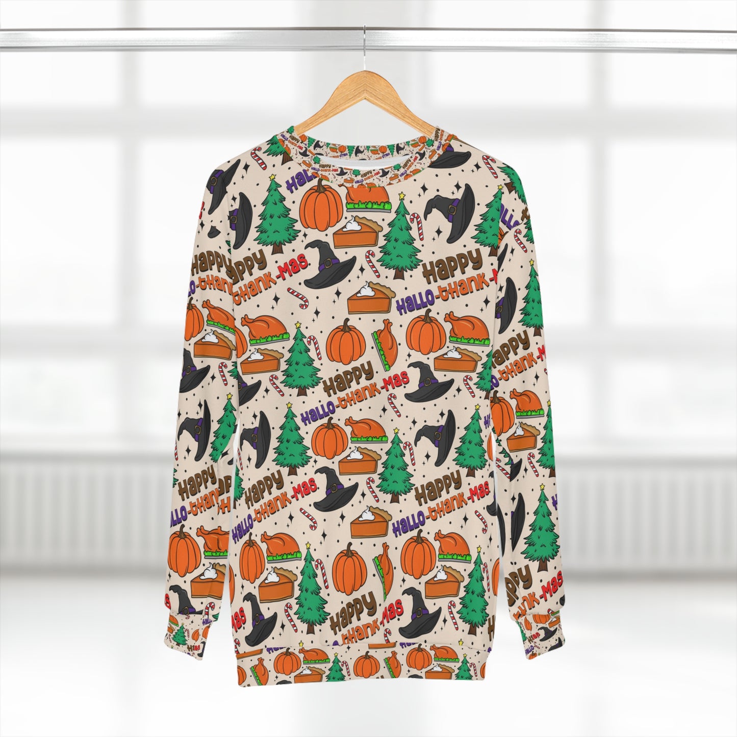 Happy HalloThankMas Unisex Sweatshirt. Happy Halloween, happy thanks giving and Merry Christmas, holiday season sweatshirts