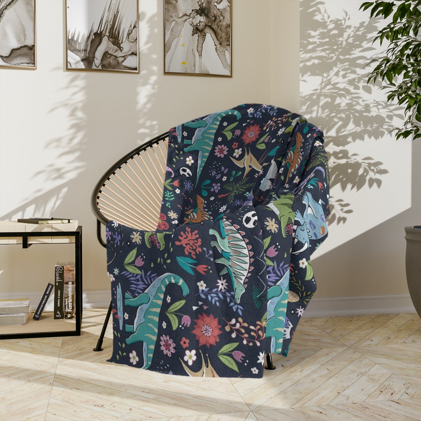 Dinosaur world Velveteen Minky Blanket with dark background.