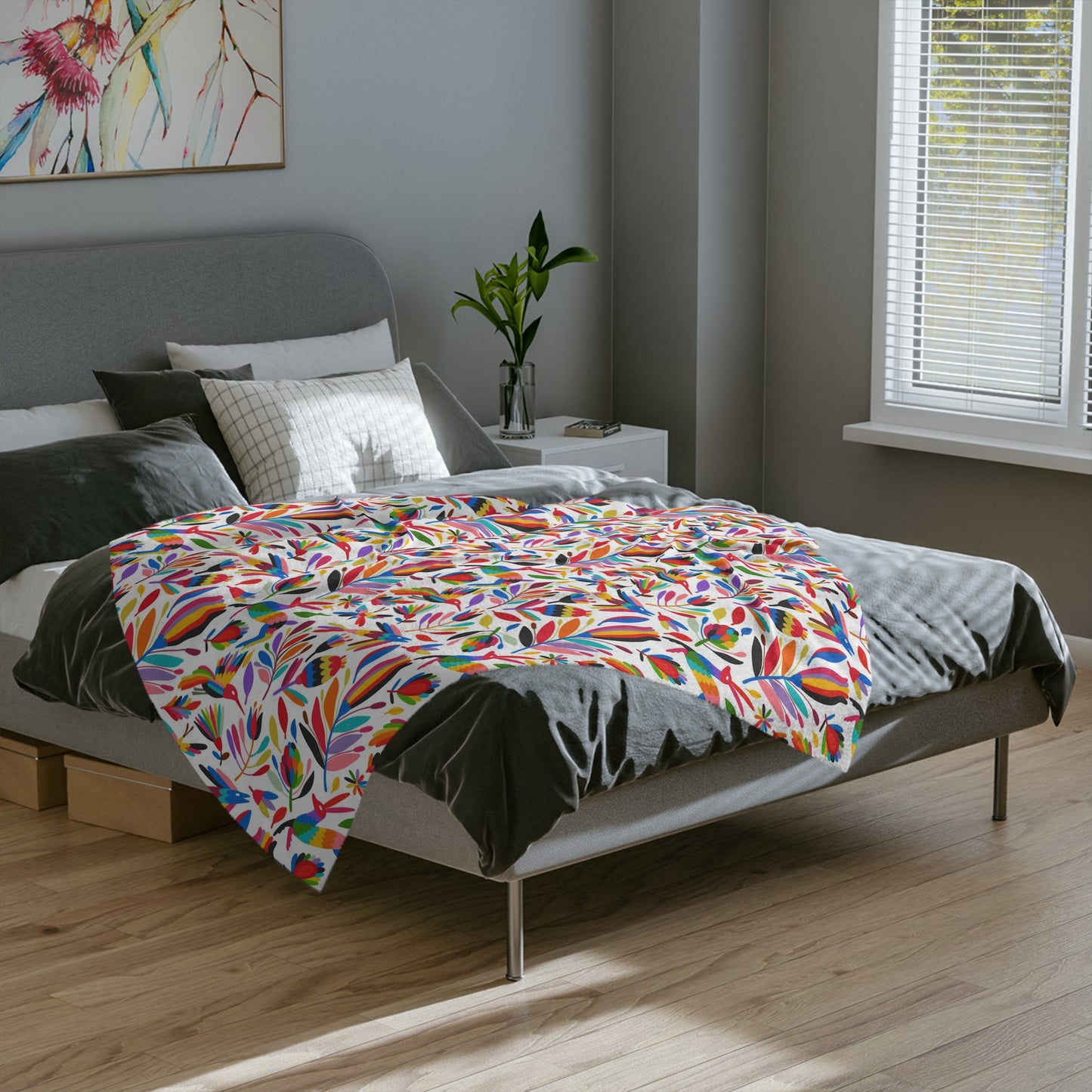 Otomi art Velveteen Minky Blanket for Mexican friends or Mexican family. Mexican blanket with colorful Otomi art.