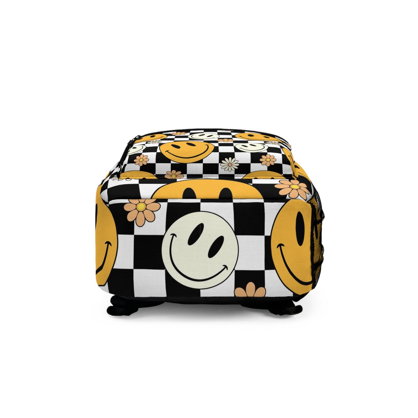 Happy face and Daisy flowers Backpack. Black and white Checkered and yellow and white happy face backpack for him or her. Back to school bag