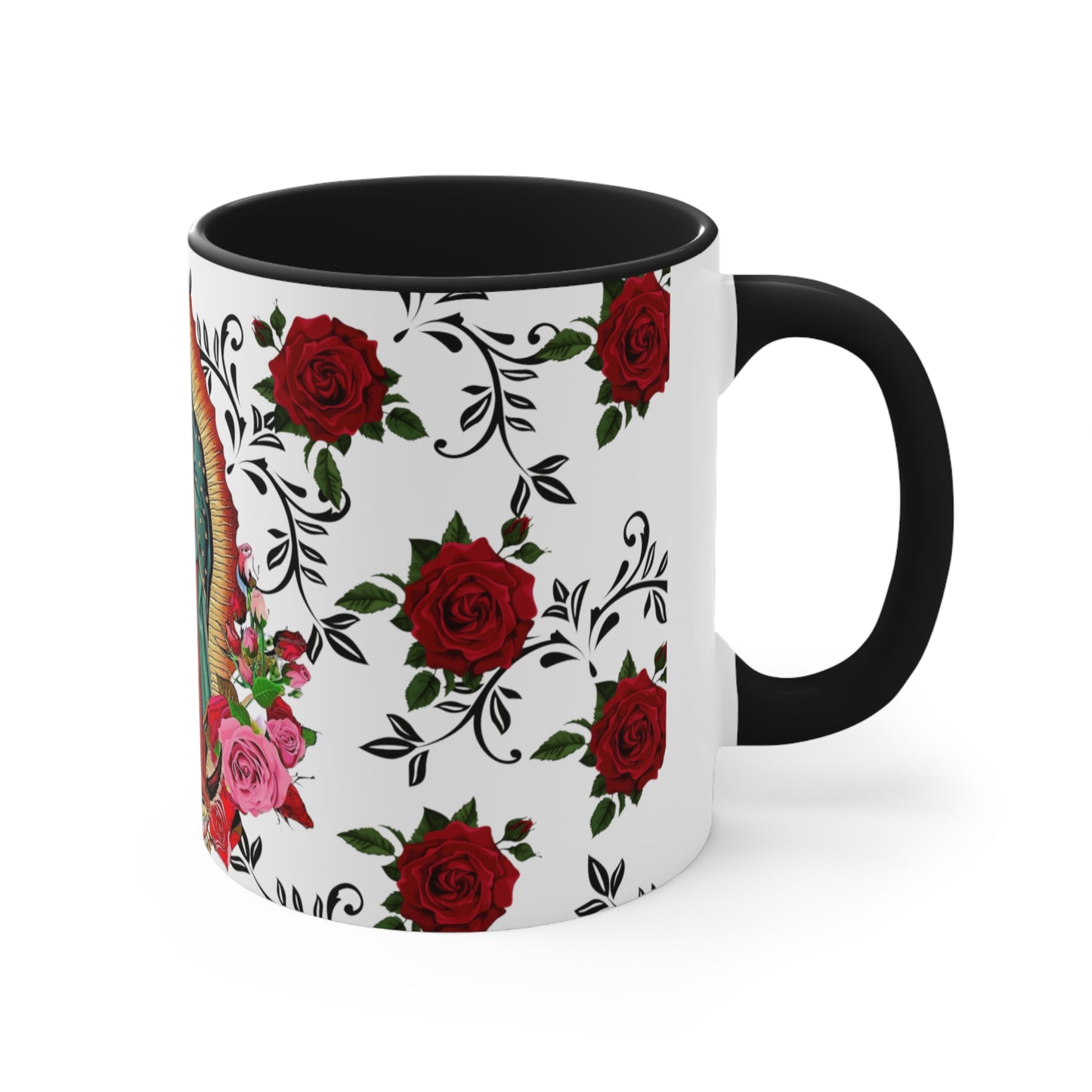 Virgen de Guadalupe Coffee Mug, 11oz. Lady guadalupe with roses and leaves.