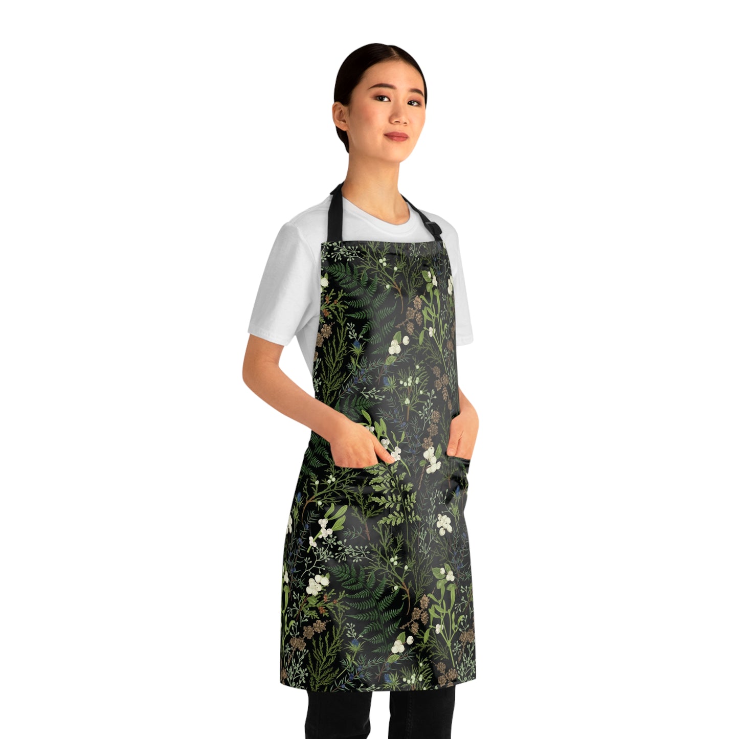 Botanical apron With plants and Fern Leaves unisex. Green Plant Leaves with foliage and evergreen plants apron. Botanical gift for her