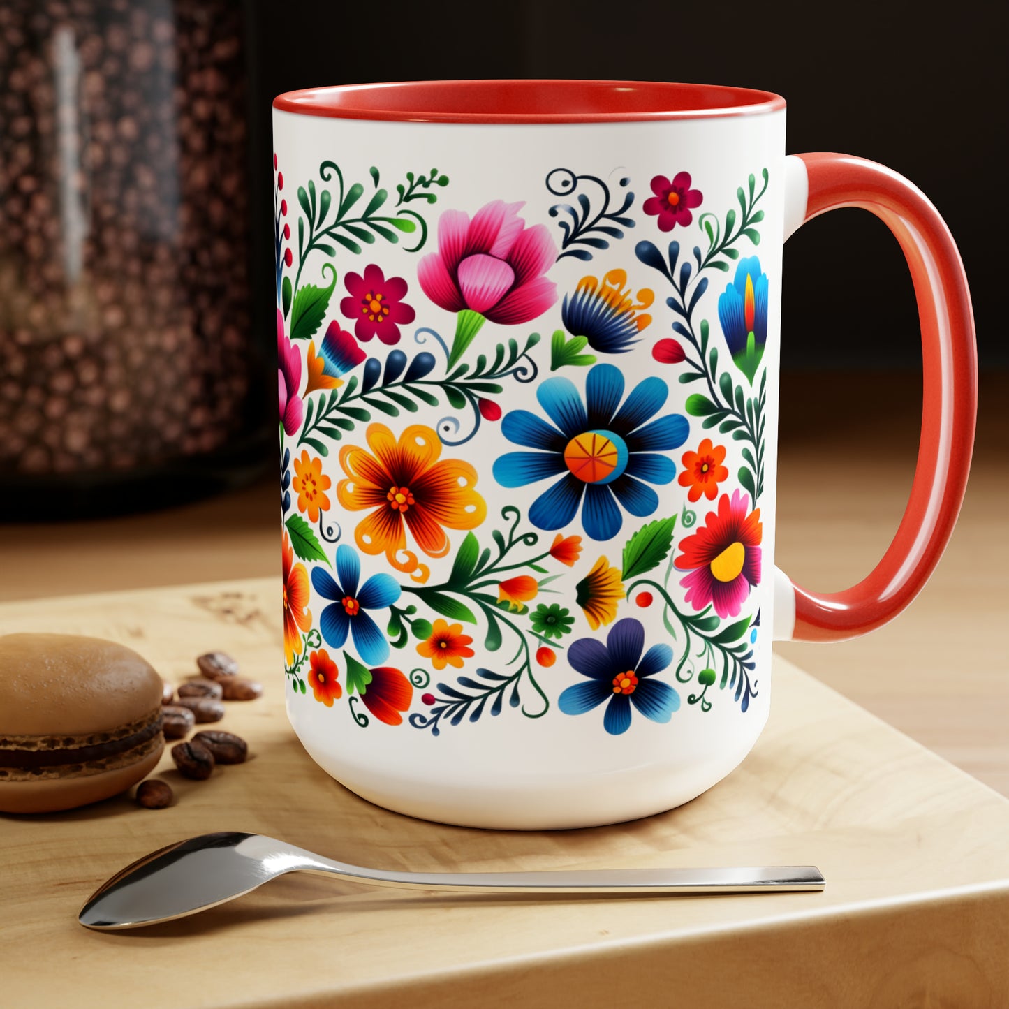 Mexican flowers Coffee Mugs, 15oz for Mexican mom, comadre or Mexican tia. Tia gift, Mothers Day gift ideas. Madrina gift. Mexican folk art