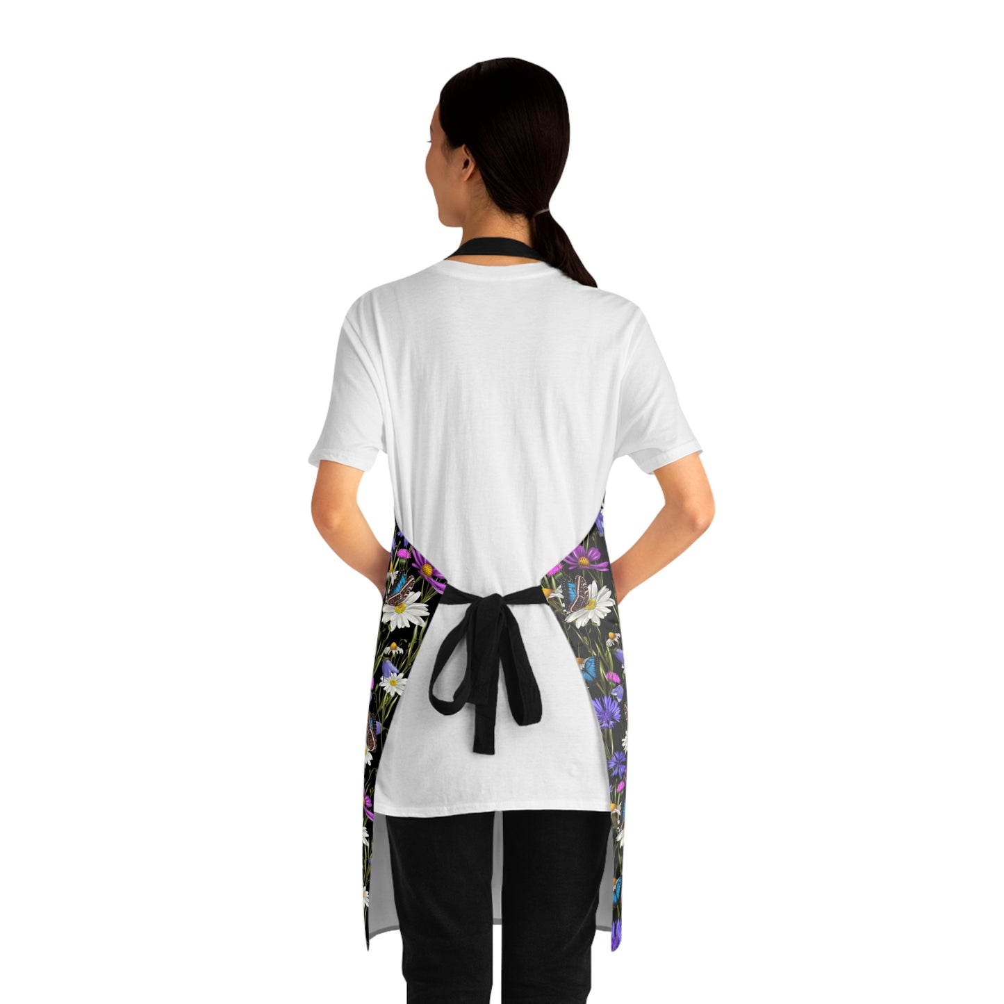 Purple and white wildflowers Apron with cute butterflies. Mothers Day gift for garden lover or grandma