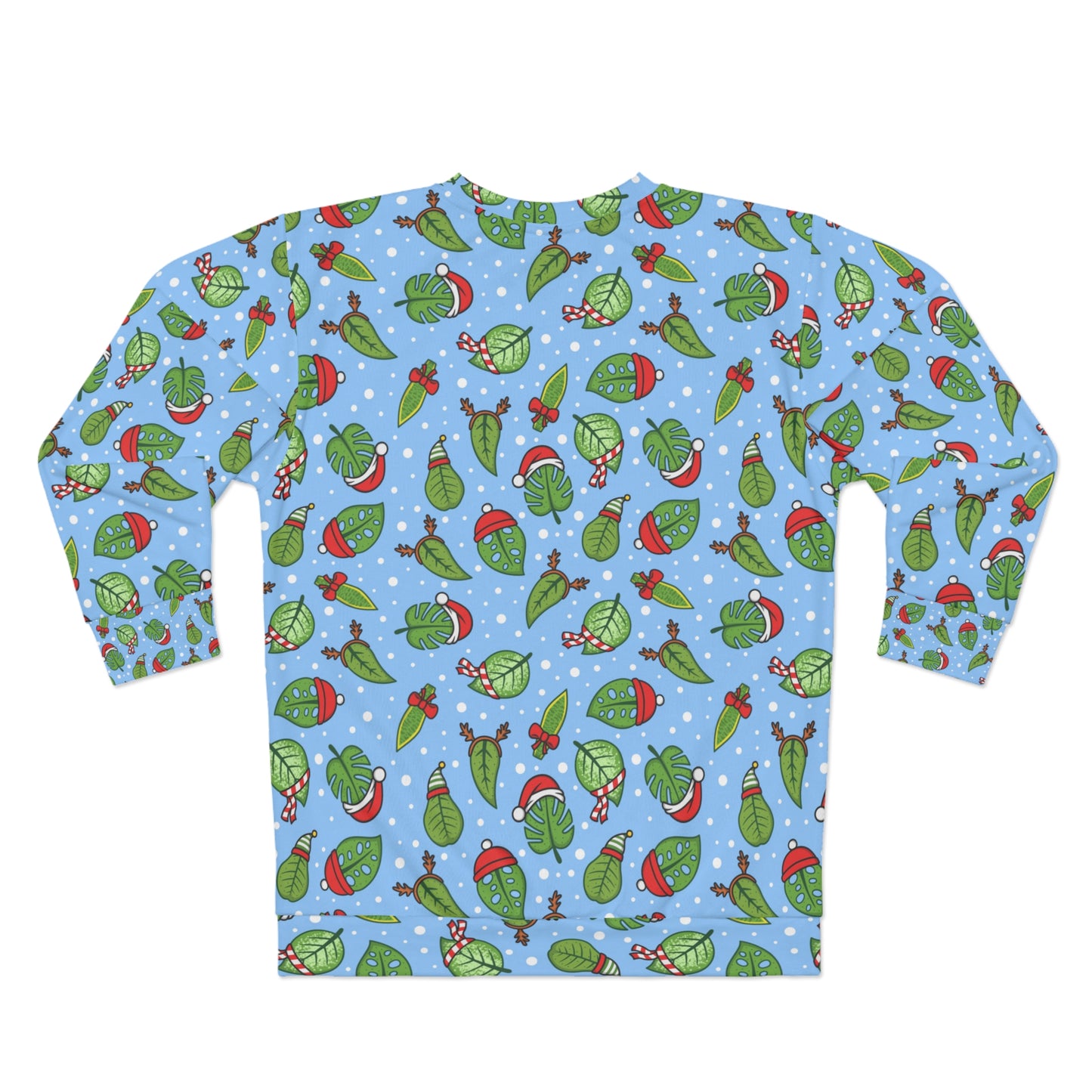 Christmas ugly sweater for plant lovers, Sweatshirt with houseplants leaves and Christmas decorations for holidays season.