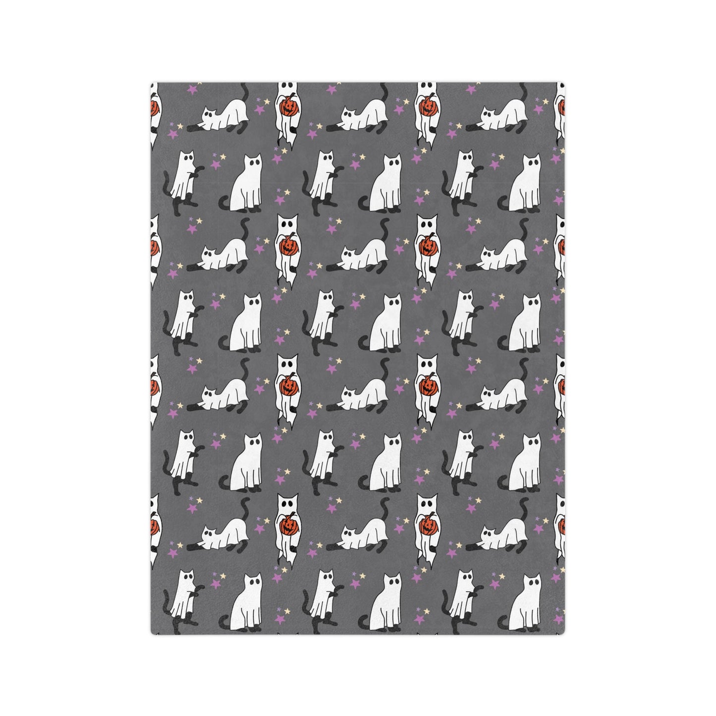 Black Cat ghost Halloween Velveteen Minky Blanket. Cute black cat with Jack o lanter bucket. Halloween blanket for her or him