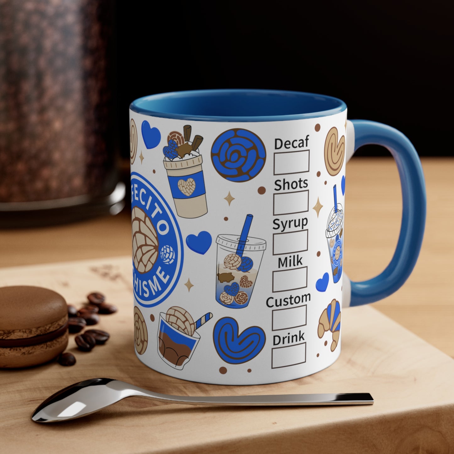 Blue cafecito y chisme Coffee Mug, 11oz for coffee time and chisme time. Senora life gift for holiday season. Mexican cup