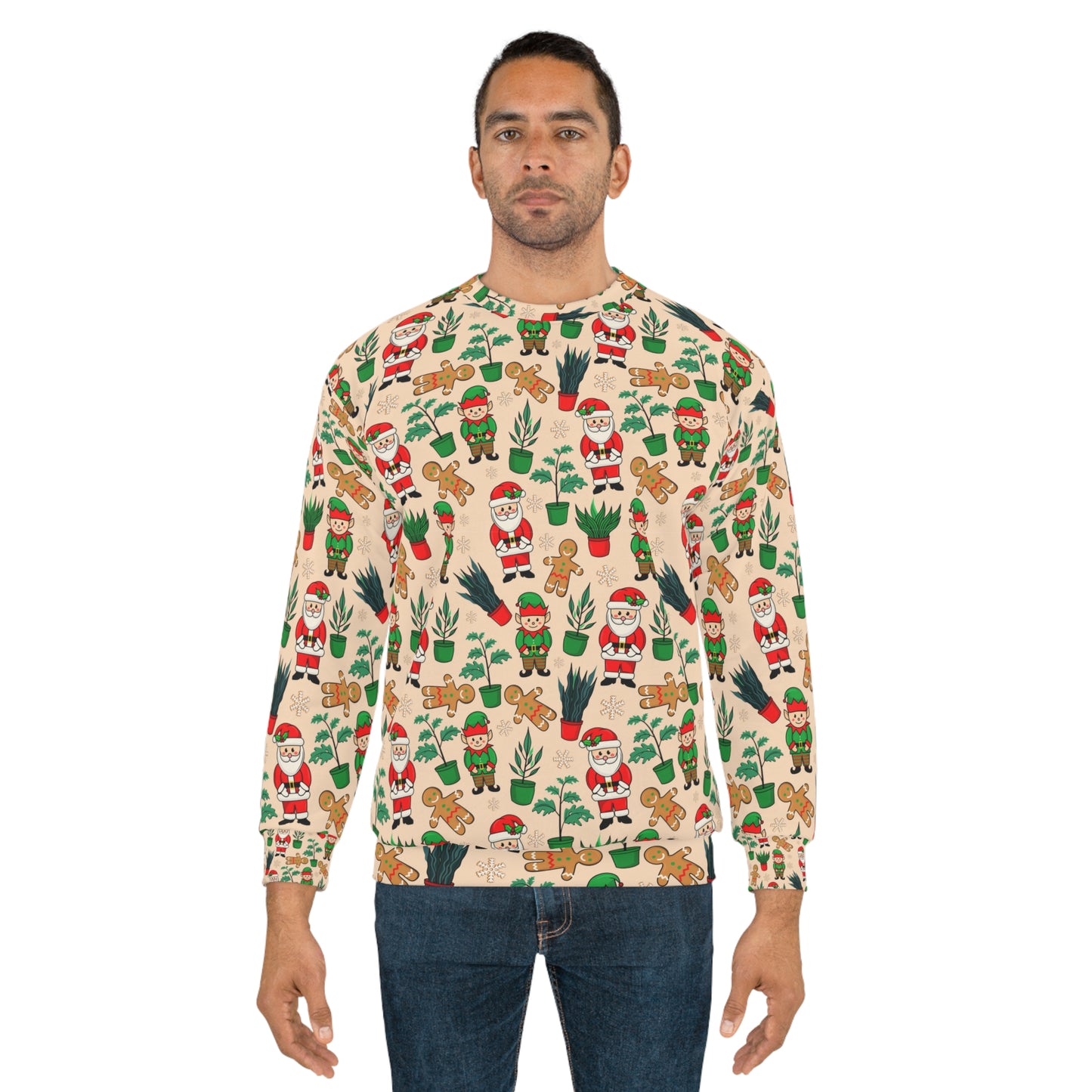 Christmas ugly sweater for plant lady or plant daddy. Unisex Sweatshirt with house plants, elf, Santa Clous and ginger bread man.