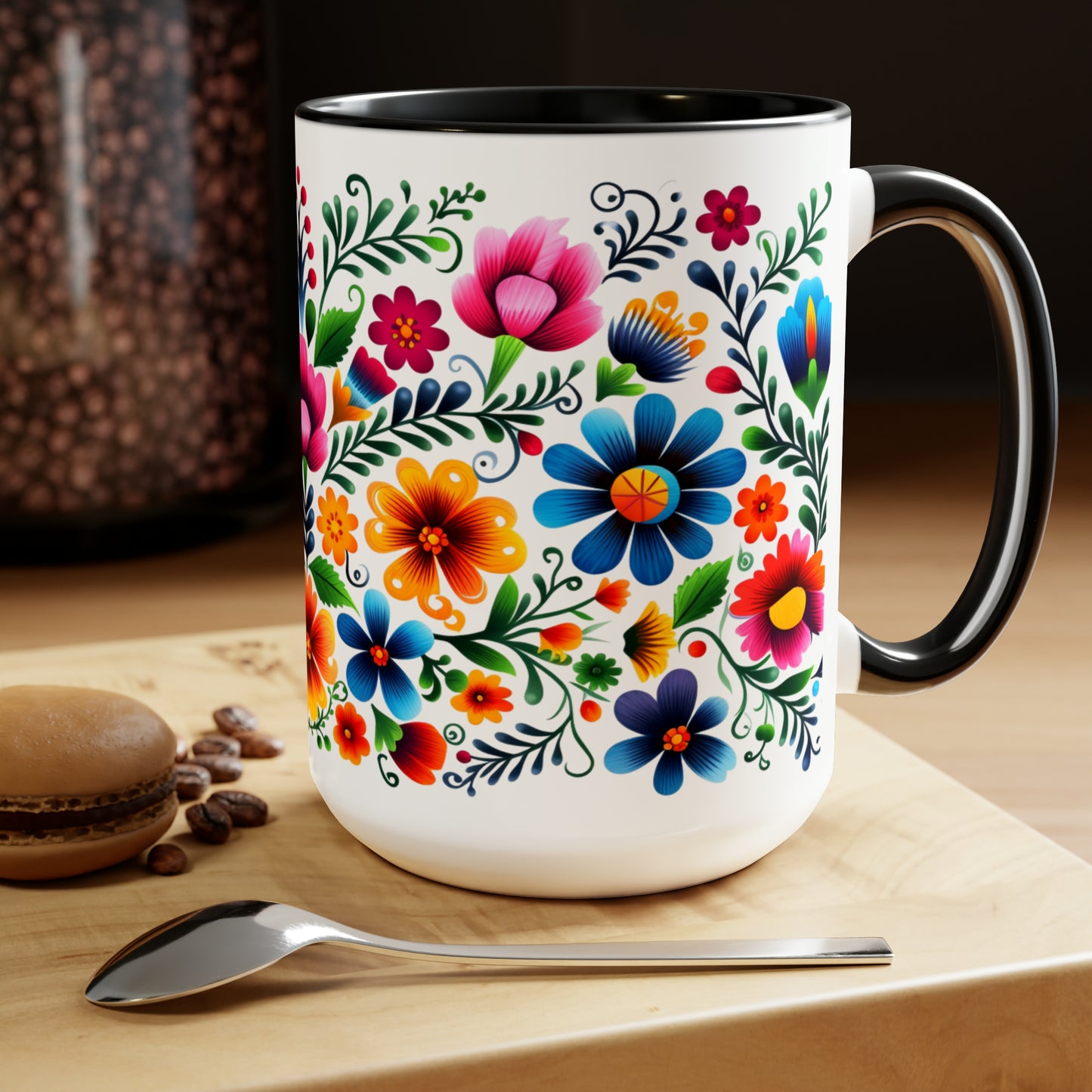 Mexican flowers Coffee Mugs, 15oz for Mexican mom, comadre or Mexican tia. Tia gift, Mothers Day gift ideas. Madrina gift. Mexican folk art