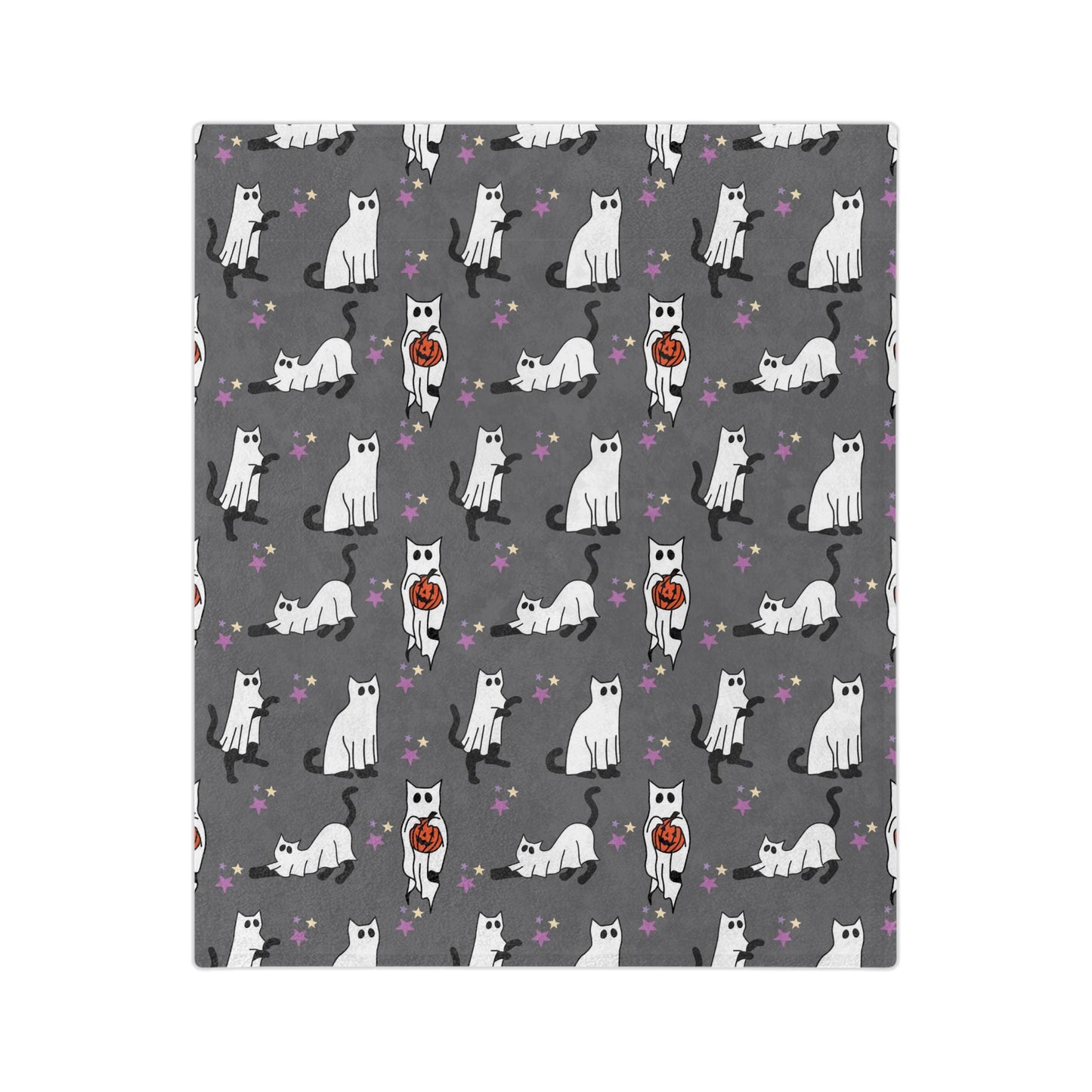 Black Cat ghost Halloween Velveteen Minky Blanket. Cute black cat with Jack o lanter bucket. Halloween blanket for her or him
