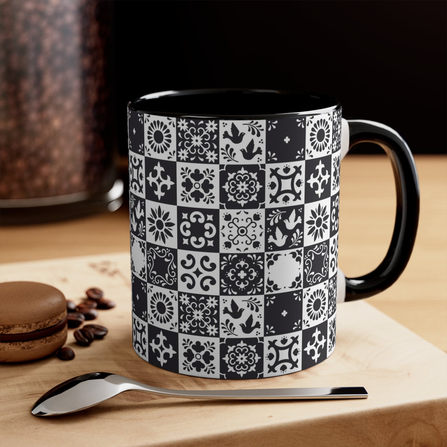 Back and white Talavera Coffee Mug, 11oz for mom or dad. Modern Mexican home decor or kitchen decor. Mexican art mug for Mexican friend or family.