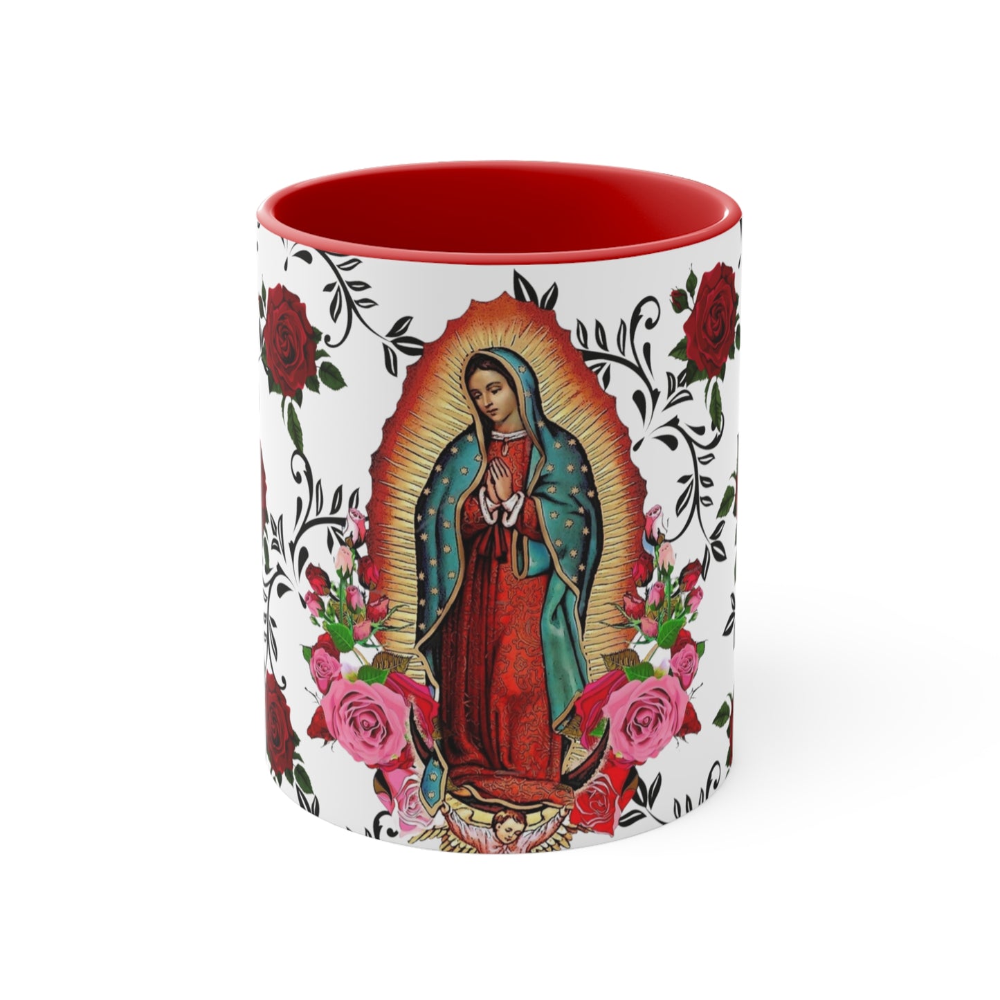 Virgen de Guadalupe Coffee Mug, 11oz. Lady guadalupe with roses and leaves.