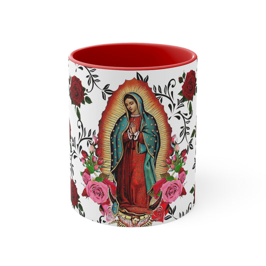 Virgen de Guadalupe Coffee Mug, 11oz. Lady guadalupe with roses and leaves.