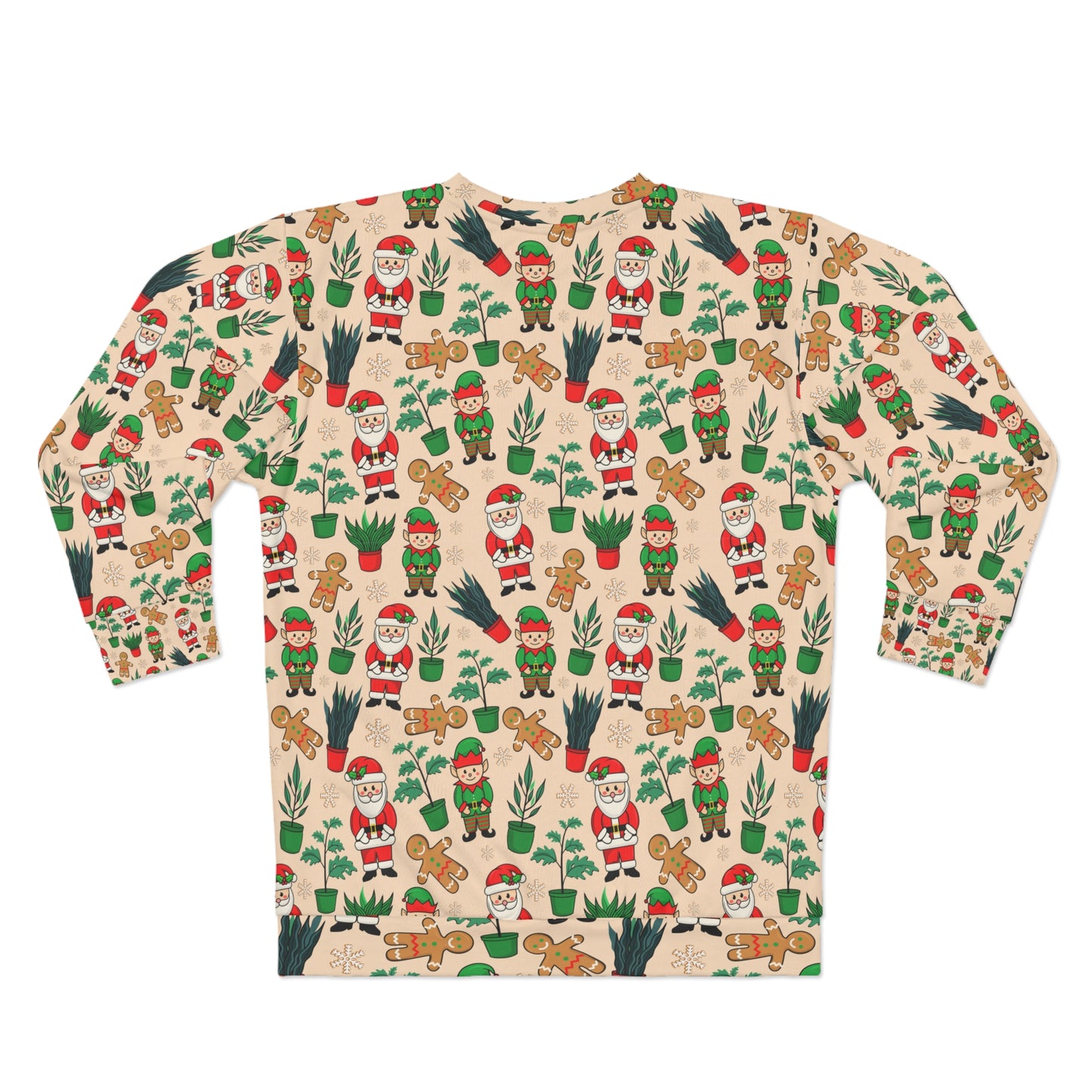 Christmas ugly sweater for plant lady or plant daddy. Unisex Sweatshirt with house plants, elf, Santa Clous and ginger bread man.