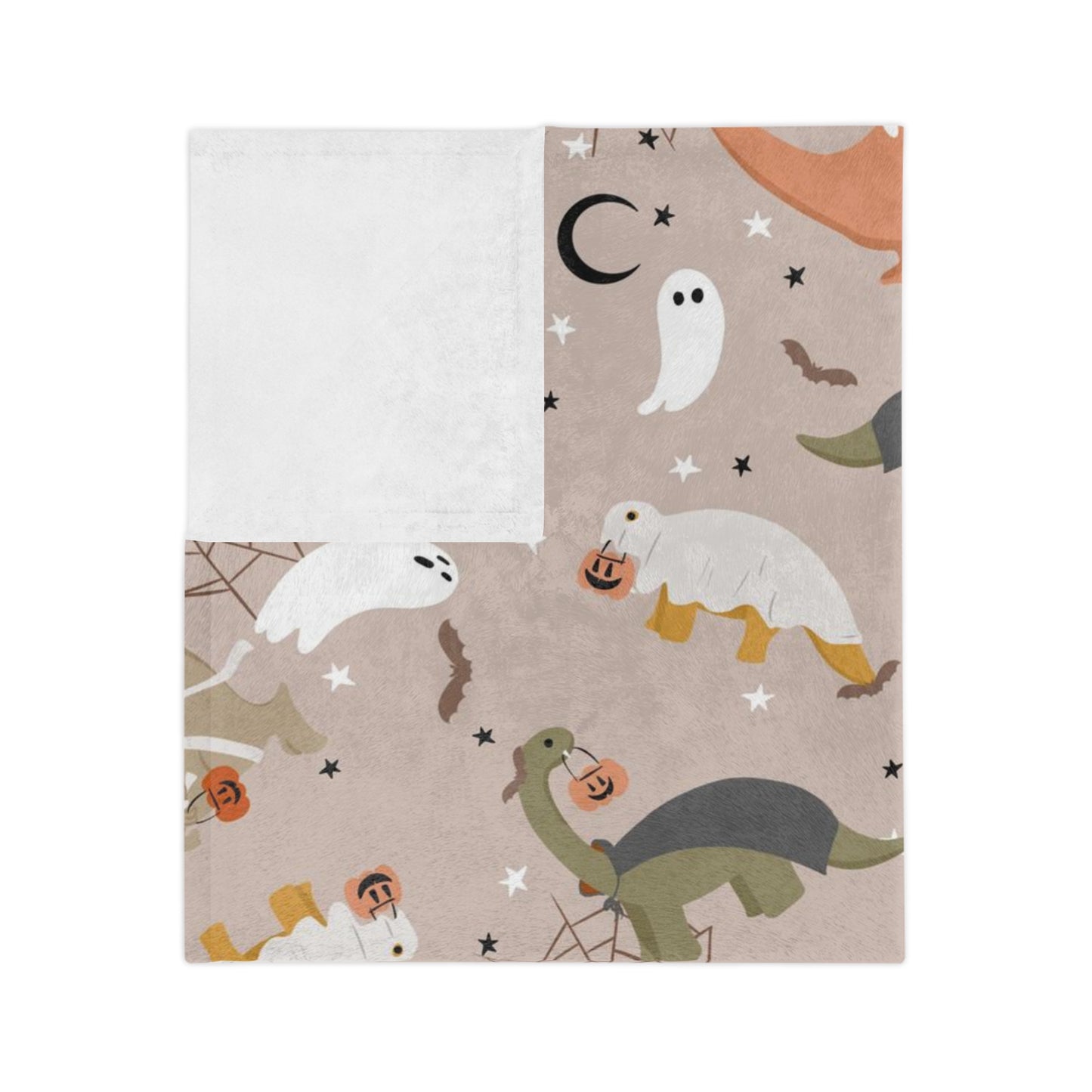 Dinosaur and halloween blanket for him or her. Dinosaur wearing costumes and doing Trick or treat.