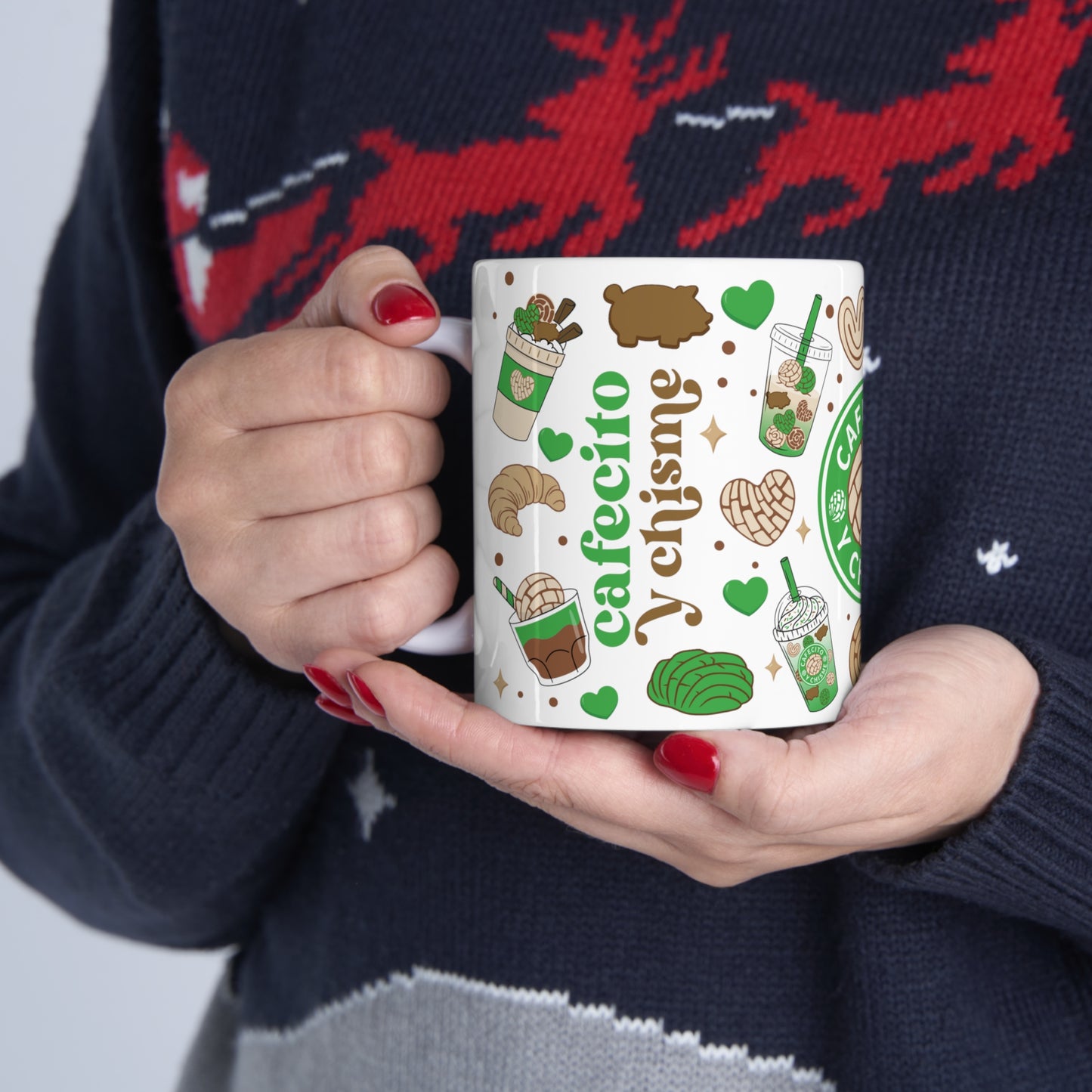 Green chismecito y cafe Ceramic Mug 11oz for comadres and best friends . Godmothers Christmas gift ideas. Navidad gift for Mexican family. Mexican coffee
