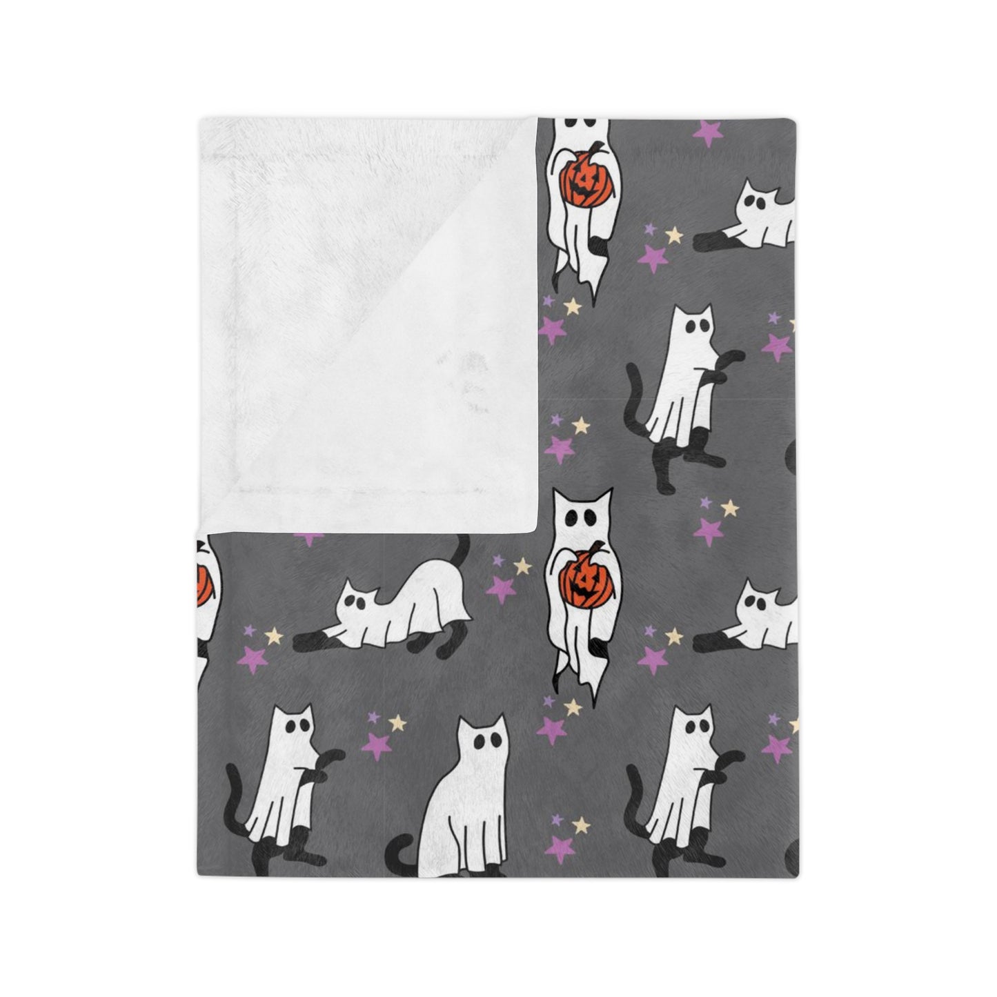 Black Cat ghost Halloween Velveteen Minky Blanket. Cute black cat with Jack o lanter bucket. Halloween blanket for her or him