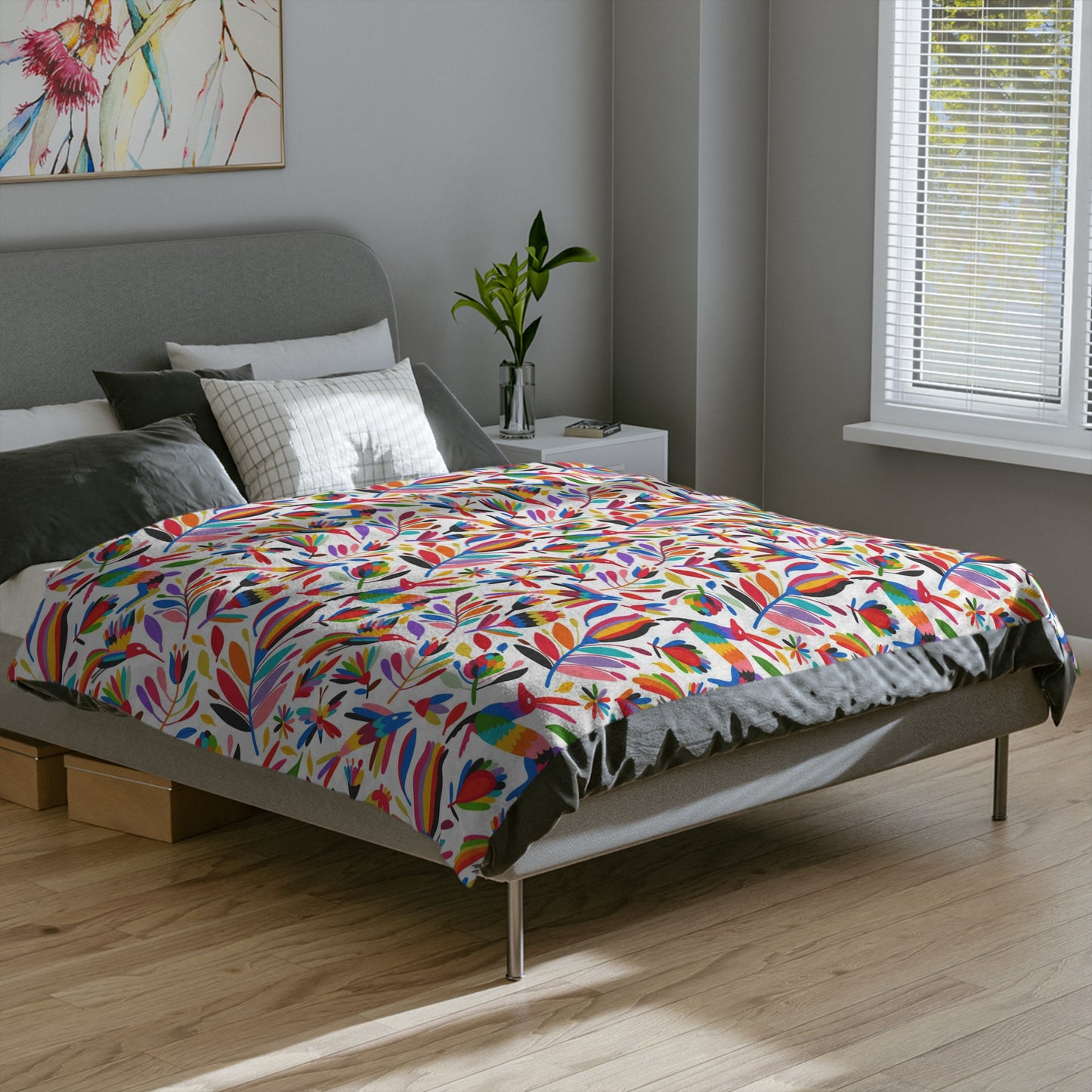 Otomi art Velveteen Minky Blanket for Mexican friends or Mexican family. Mexican blanket with colorful Otomi art.