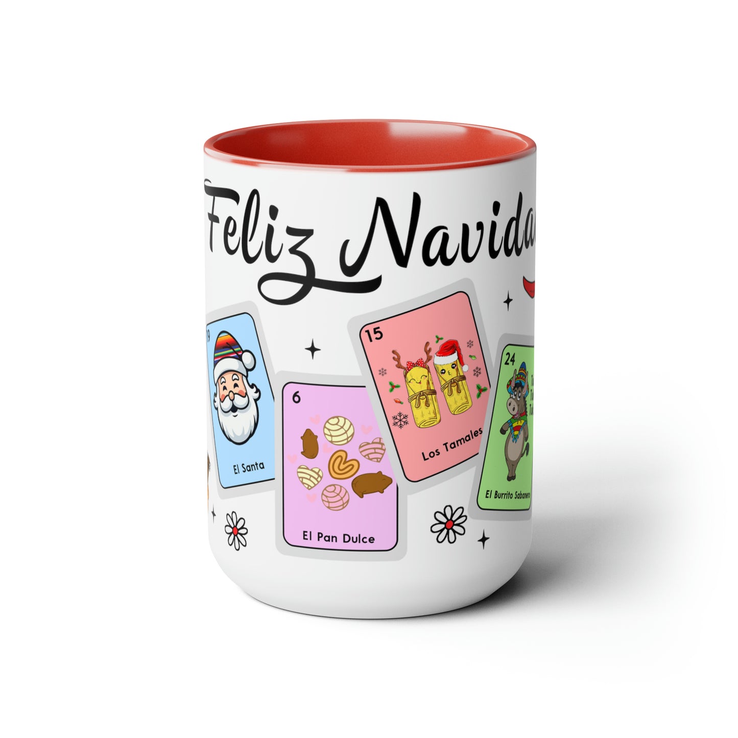 Feliz navidad Coffee Mugs, 15oz for Mexican family or Latin friend. Mexica cup for him or her. El burrito sabanero, los tamales, el Santa.